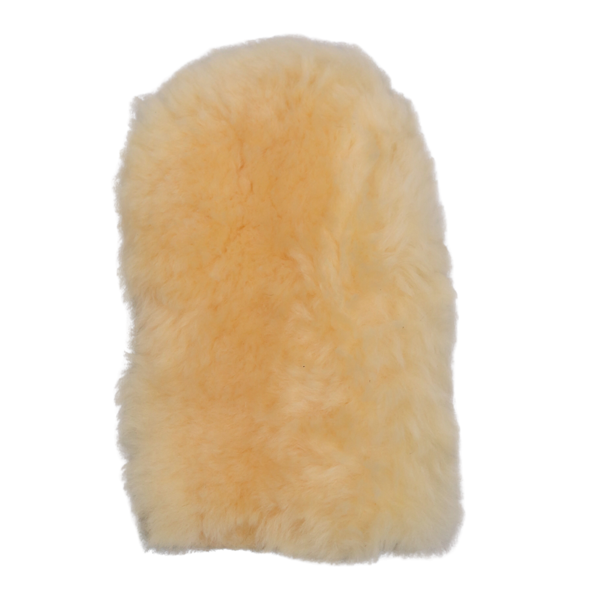 Sheepskin mitt against a white background