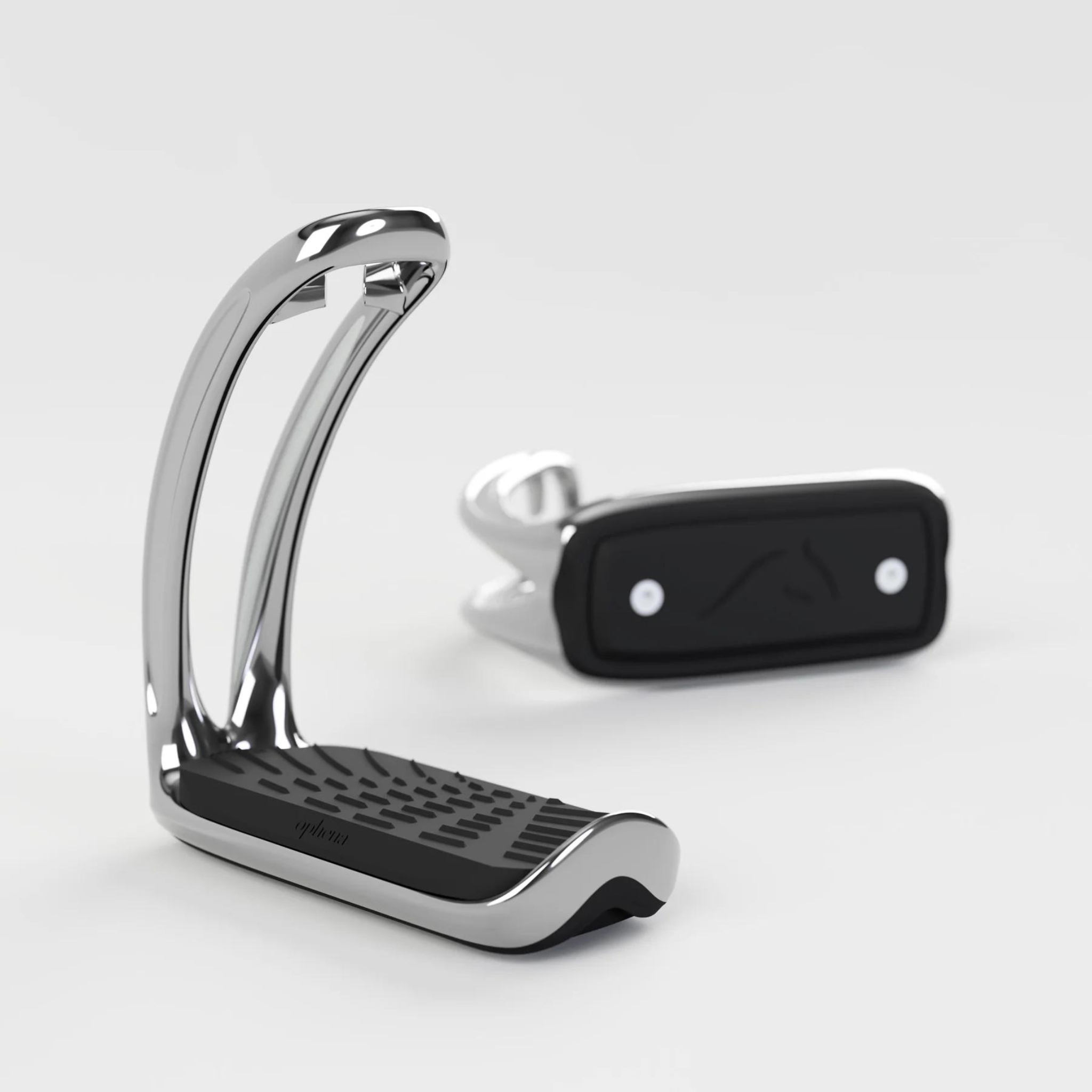 A pair of silver Ophena magnetic safety stirrups with a black footbed and no outer branch, displayed against a white background.
