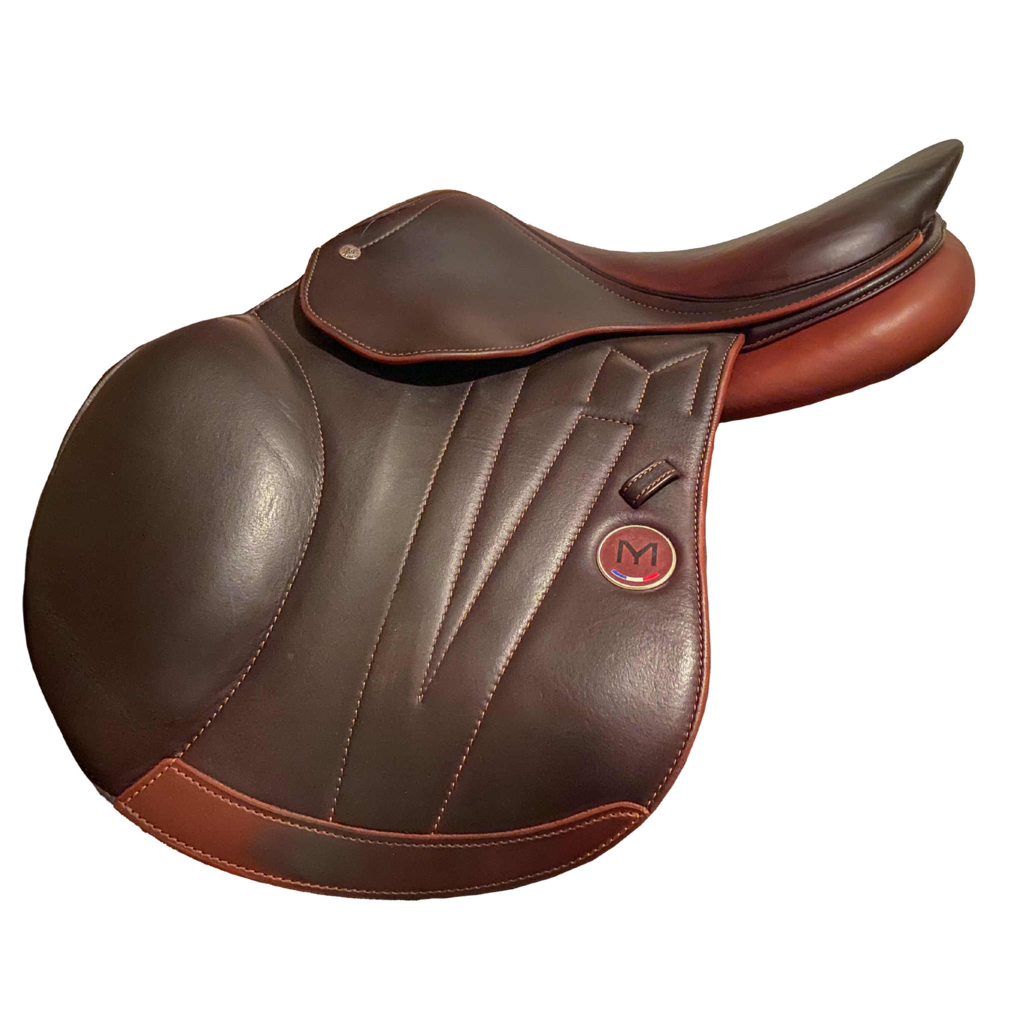 Left side profile view of a Meyer Act 2 jump saddle in brown calf leather, with a hunter brown Meyer logo.