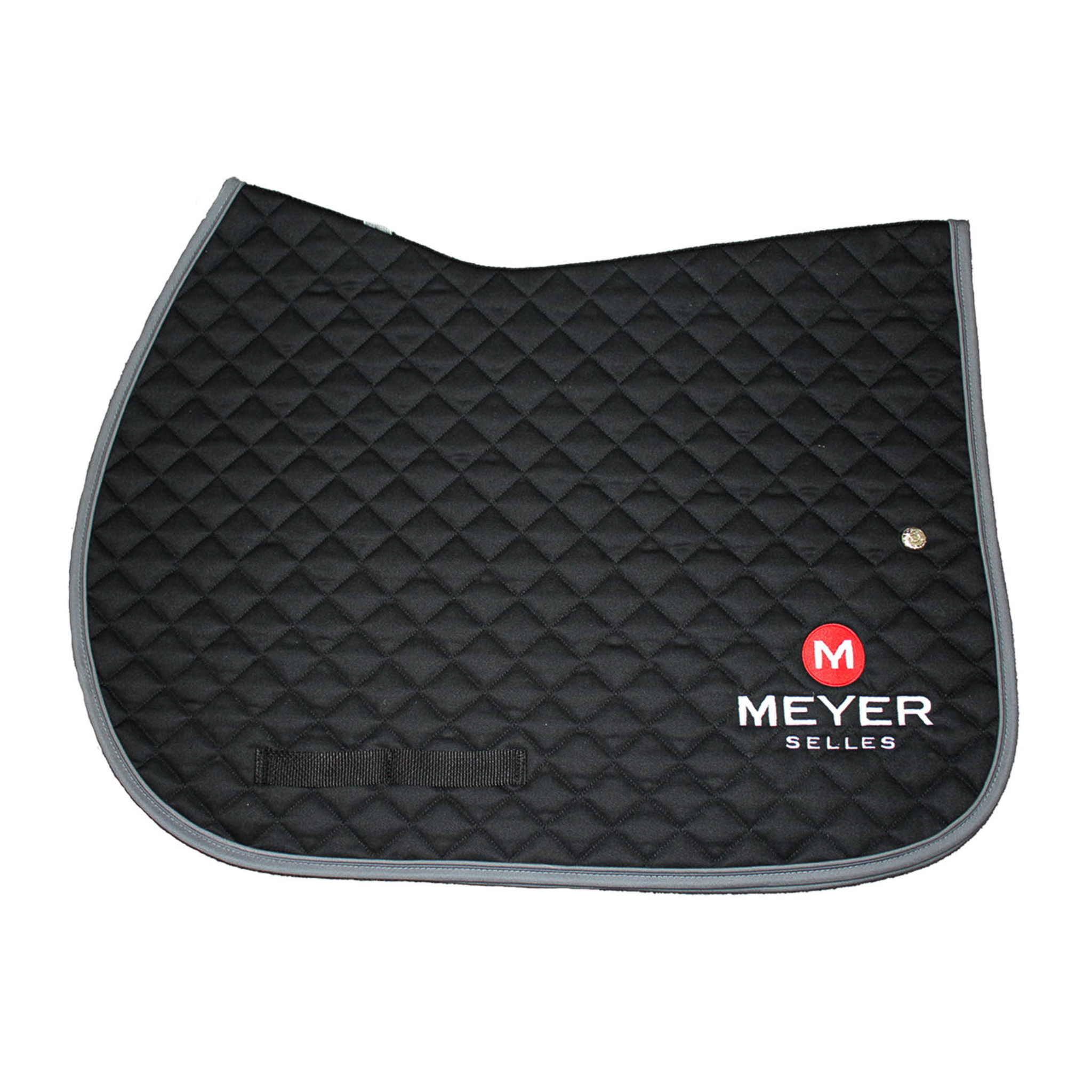 A black quilted Ogilvy saddle pad with a Meyer logo embroidered on the back left corner of the pad.
