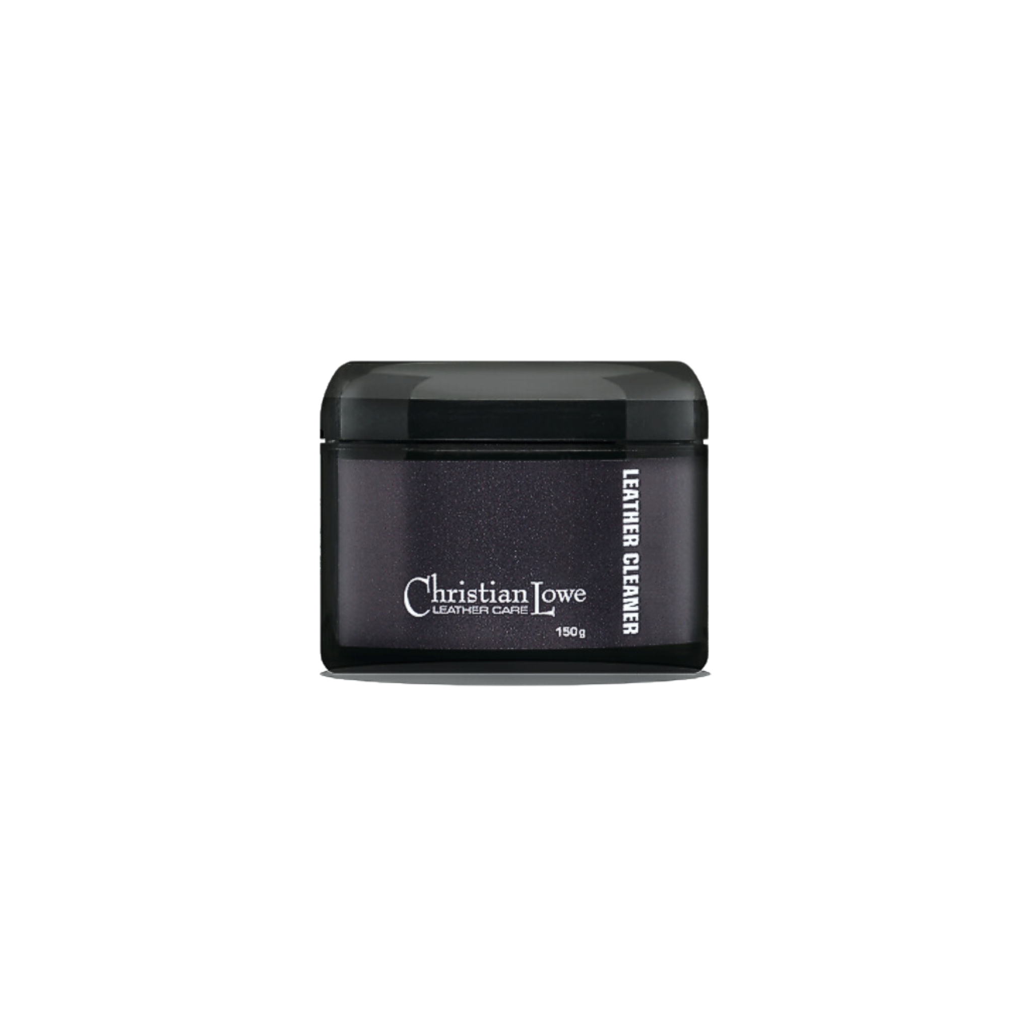 A black container of Christian Lowe leather cleaner on a white background.