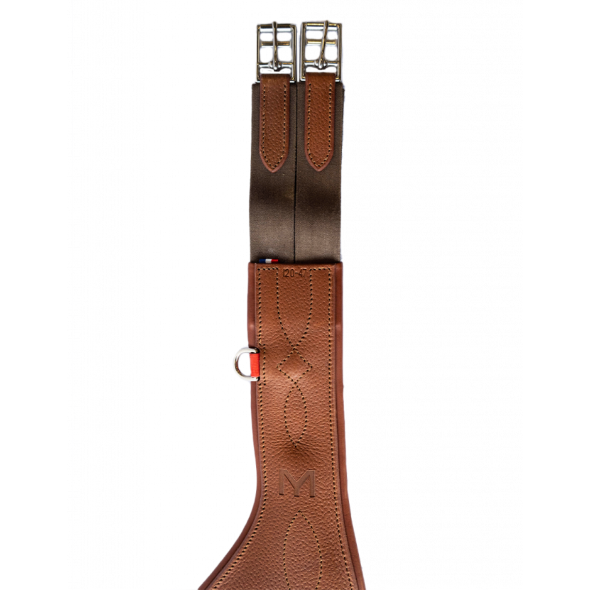 A close up of the elastics and buckles of a brown leather Meyer long anatomical girth