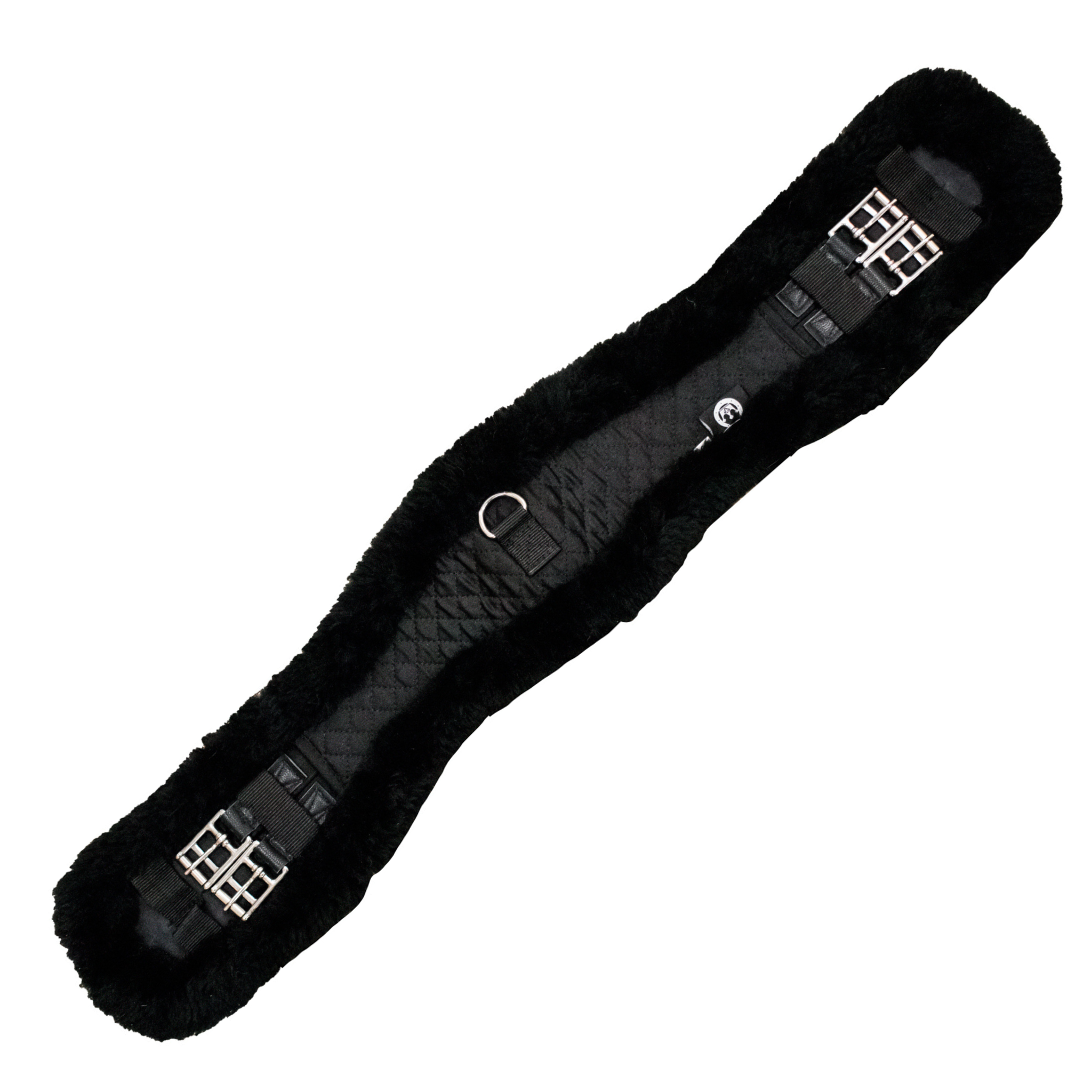 A black Leveza short girth with black sheepskin lining and chrome buckles designed for horses with sensitive skin.