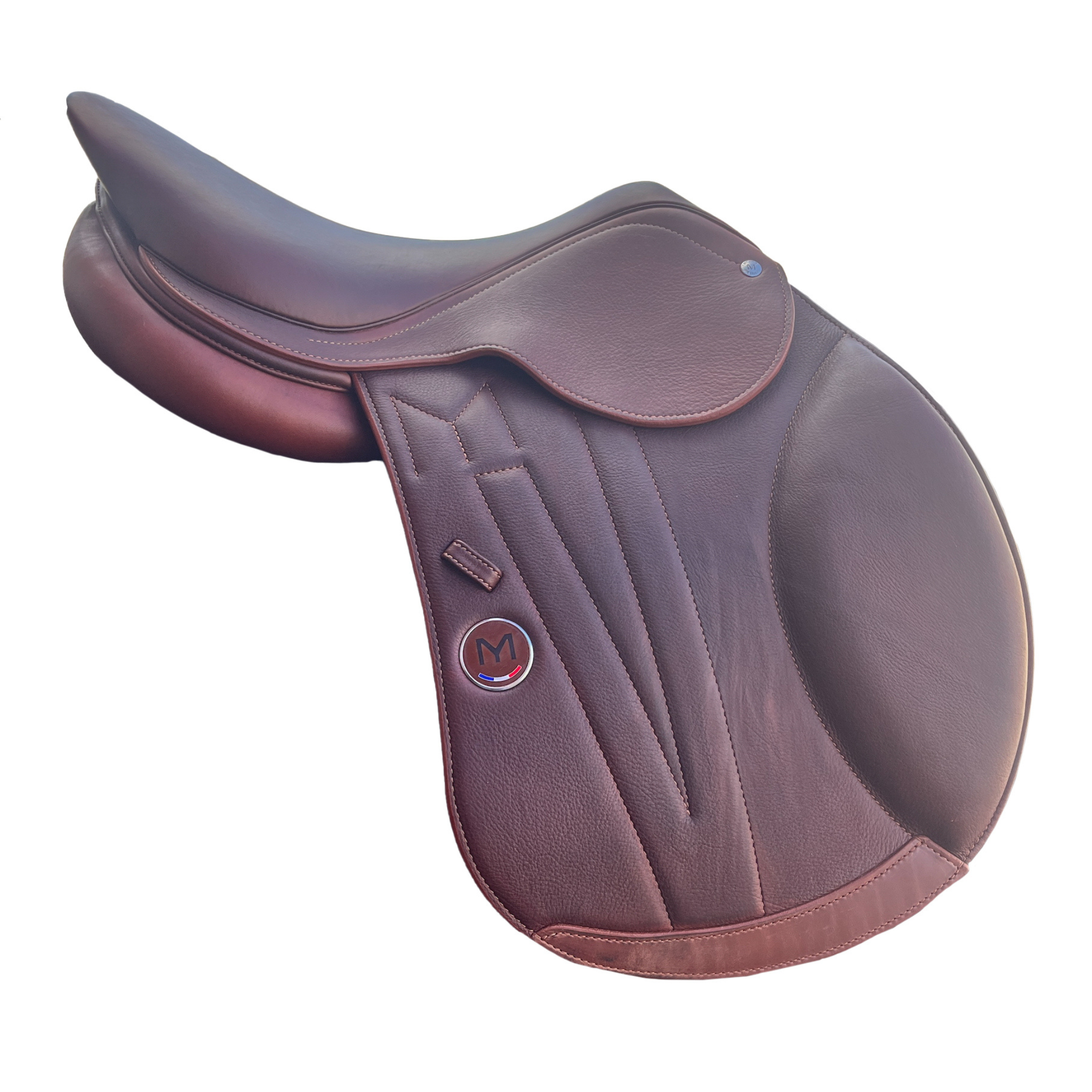 Right side profile view of a Meyer Act 2 jump saddle in brown calf leather, with a hunter brown Meyer logo and decorative stitching on the flap