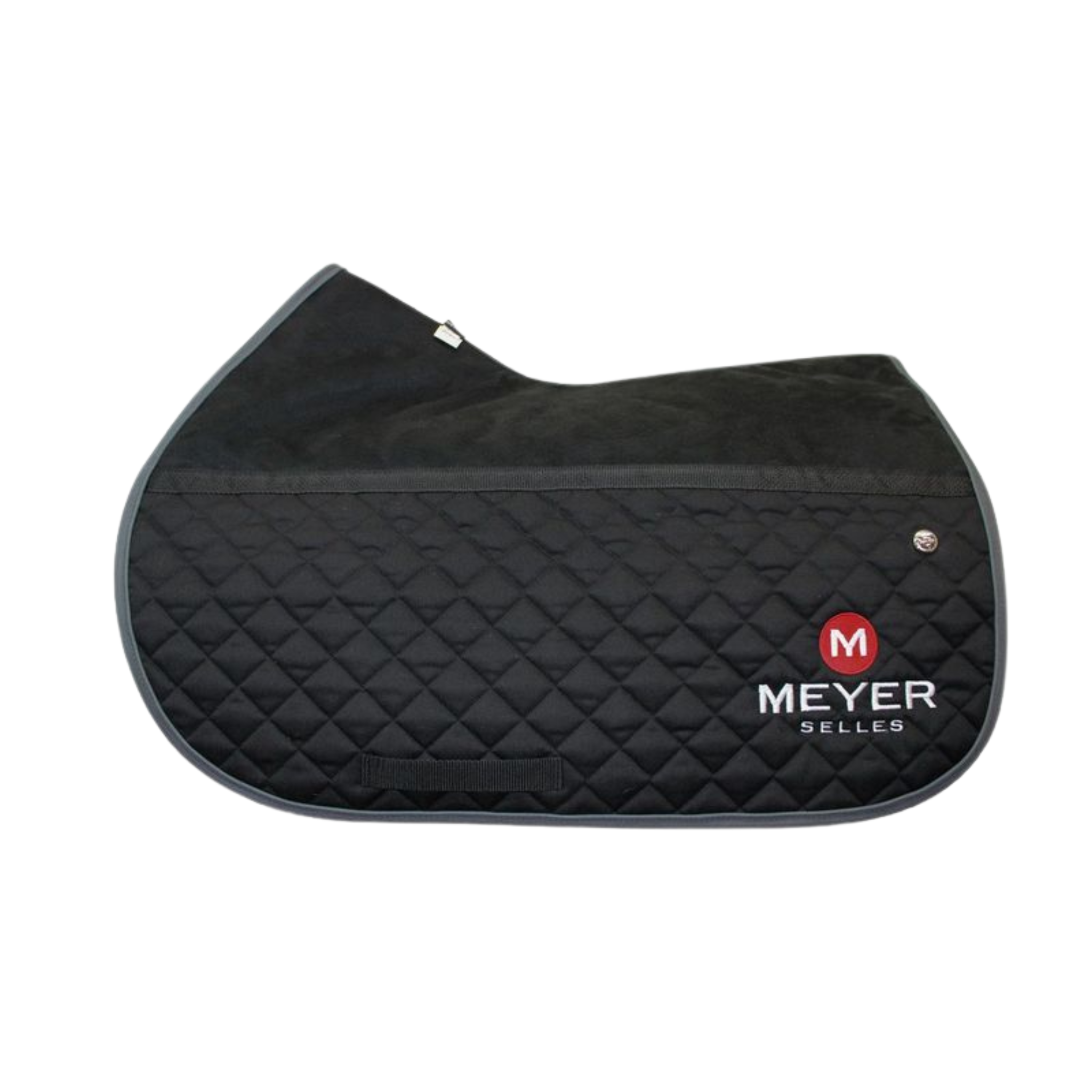 A black friction-free Ogilvy saddle pad with a microfibre upper and quilted lower, and a Meyer logo embroidered on the back left corner of the pad.