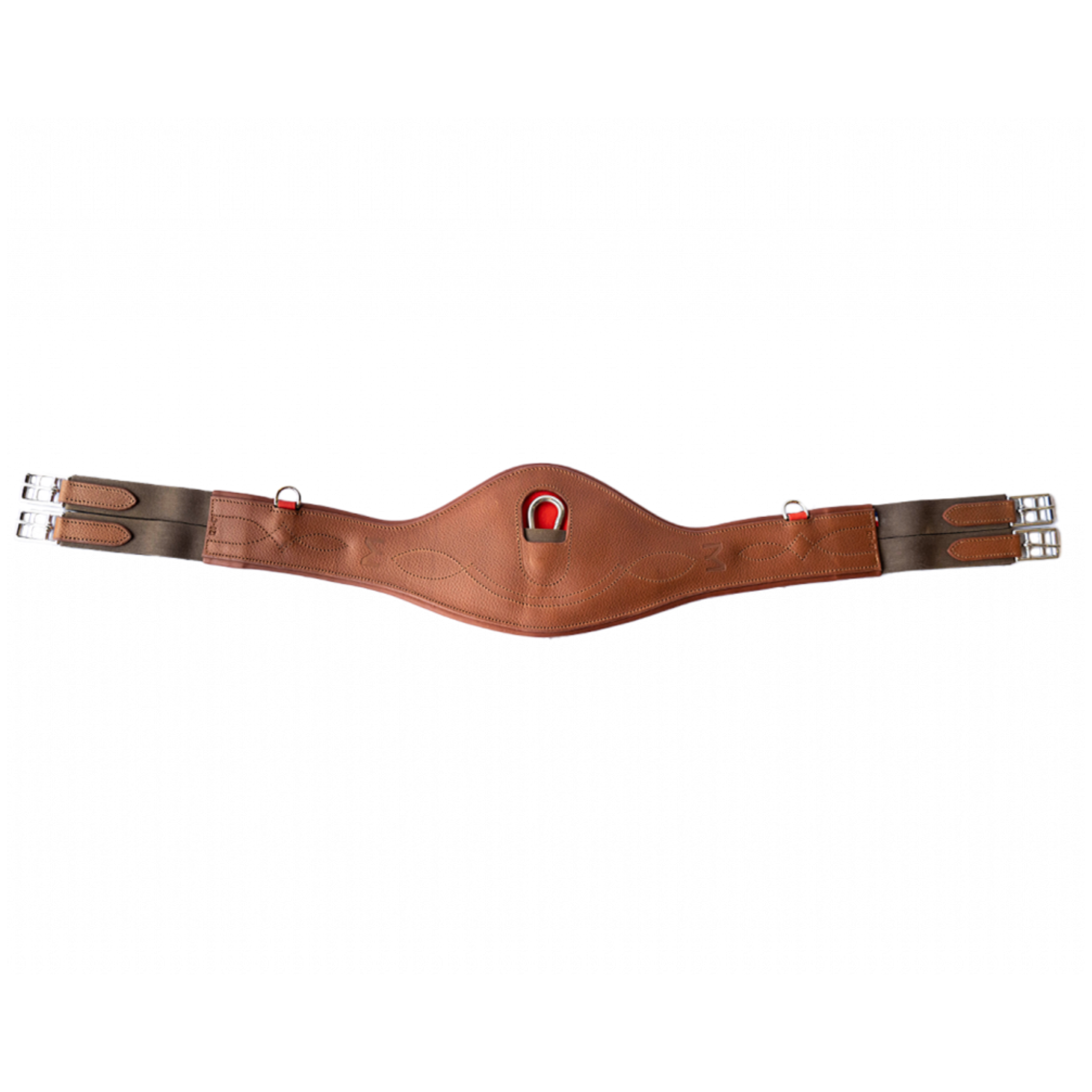 A brown leather Meyer long anatomical girth with a centre carabiner with red accent, side d-ring attachments, elastics on both ends, and a fancy stitch design.