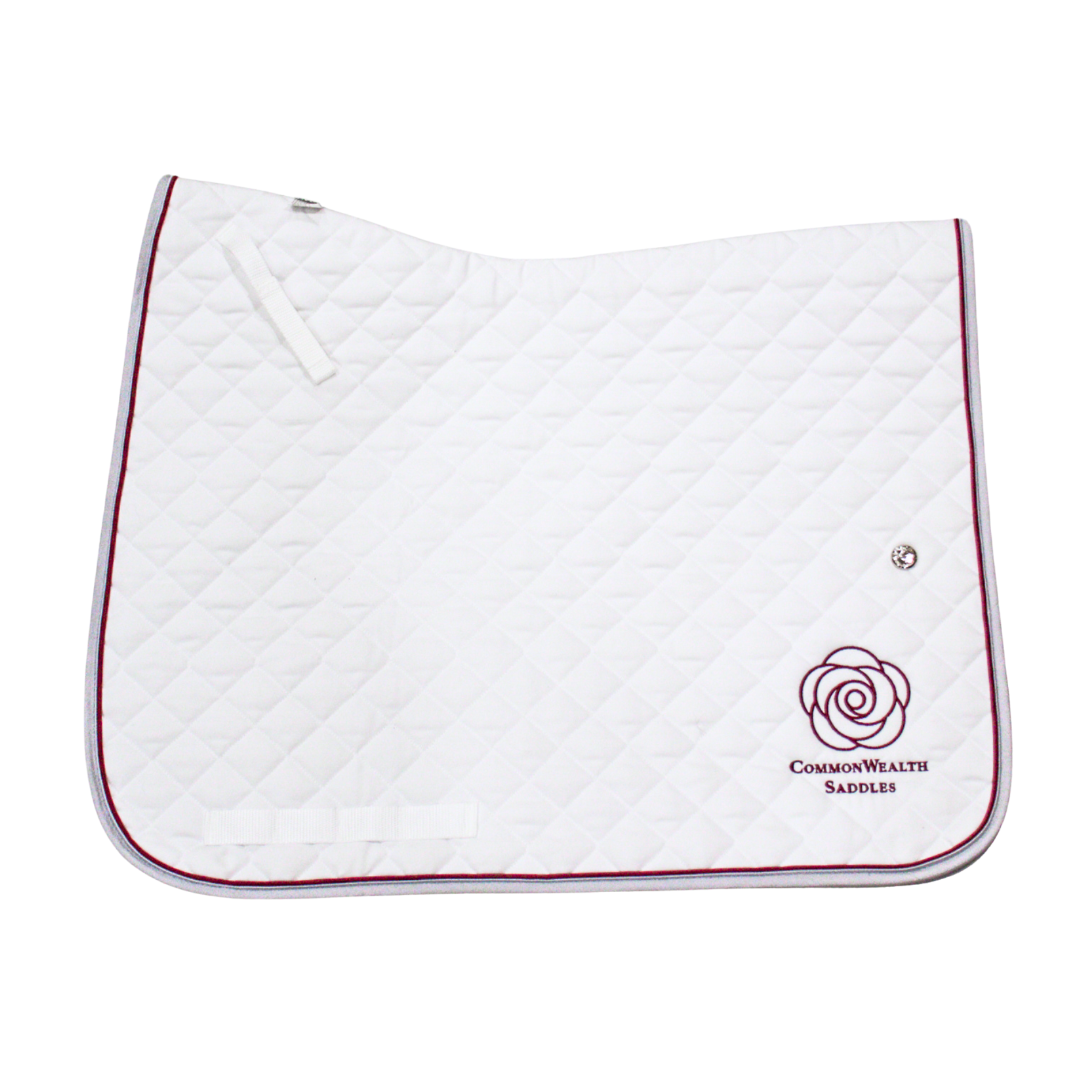 A quilted white Ogilvy dressage saddle pad with grey binding and burgundy piping, and the CommonWealth logo on the back left corner of the pad.