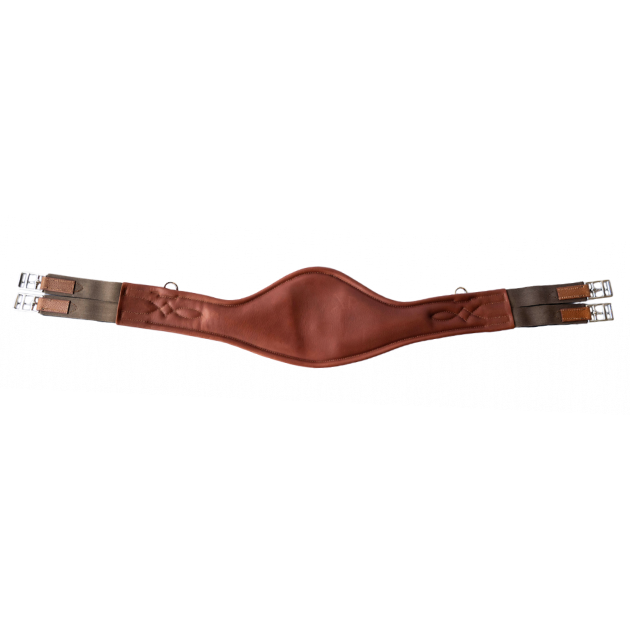 A brown leather Meyer long anatomical girth with a centre carabiner with red accent, side d-ring attachments, elastics on both ends, and a fancy stitch design.