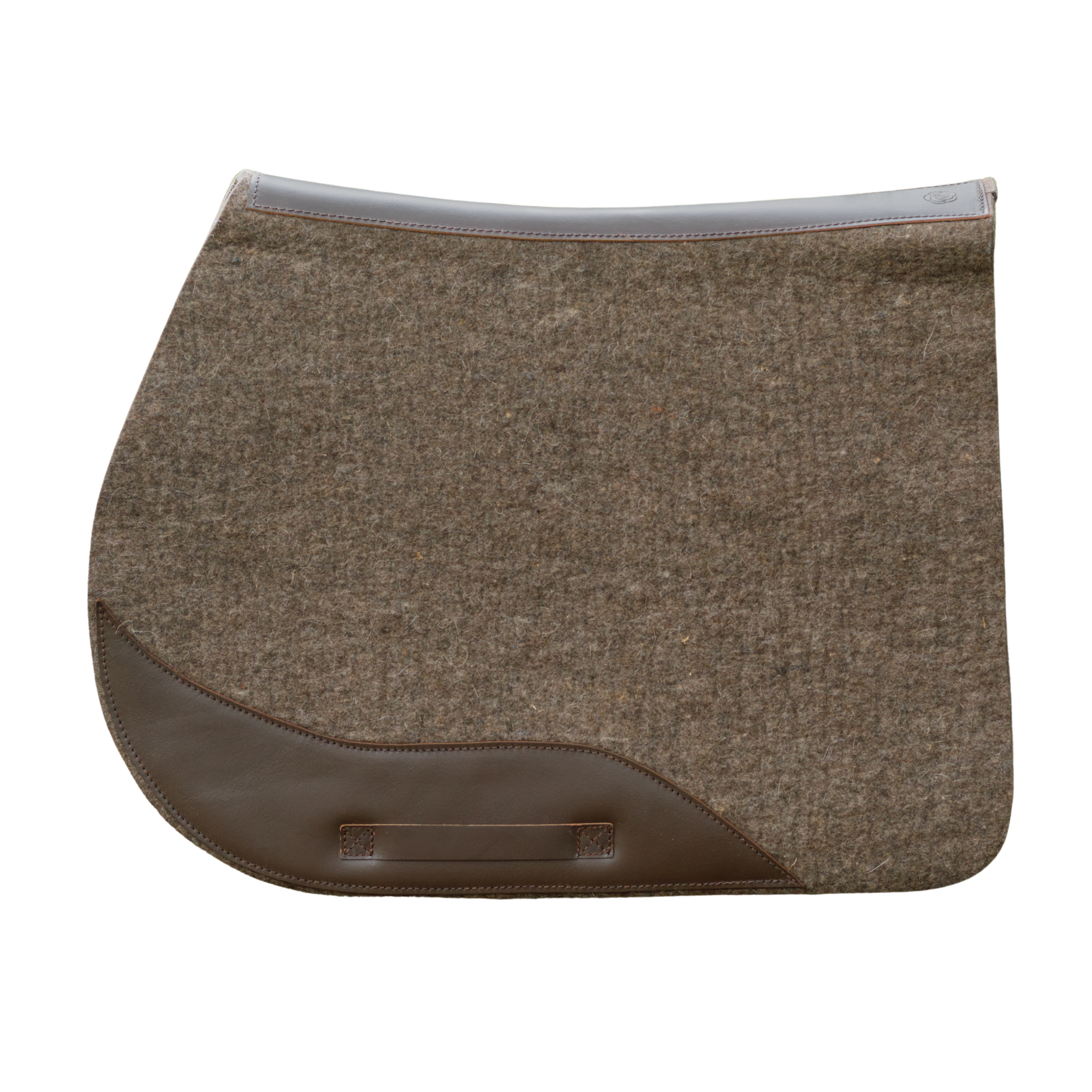 Natural felt jump saddle pad with brown leather accents on a white background