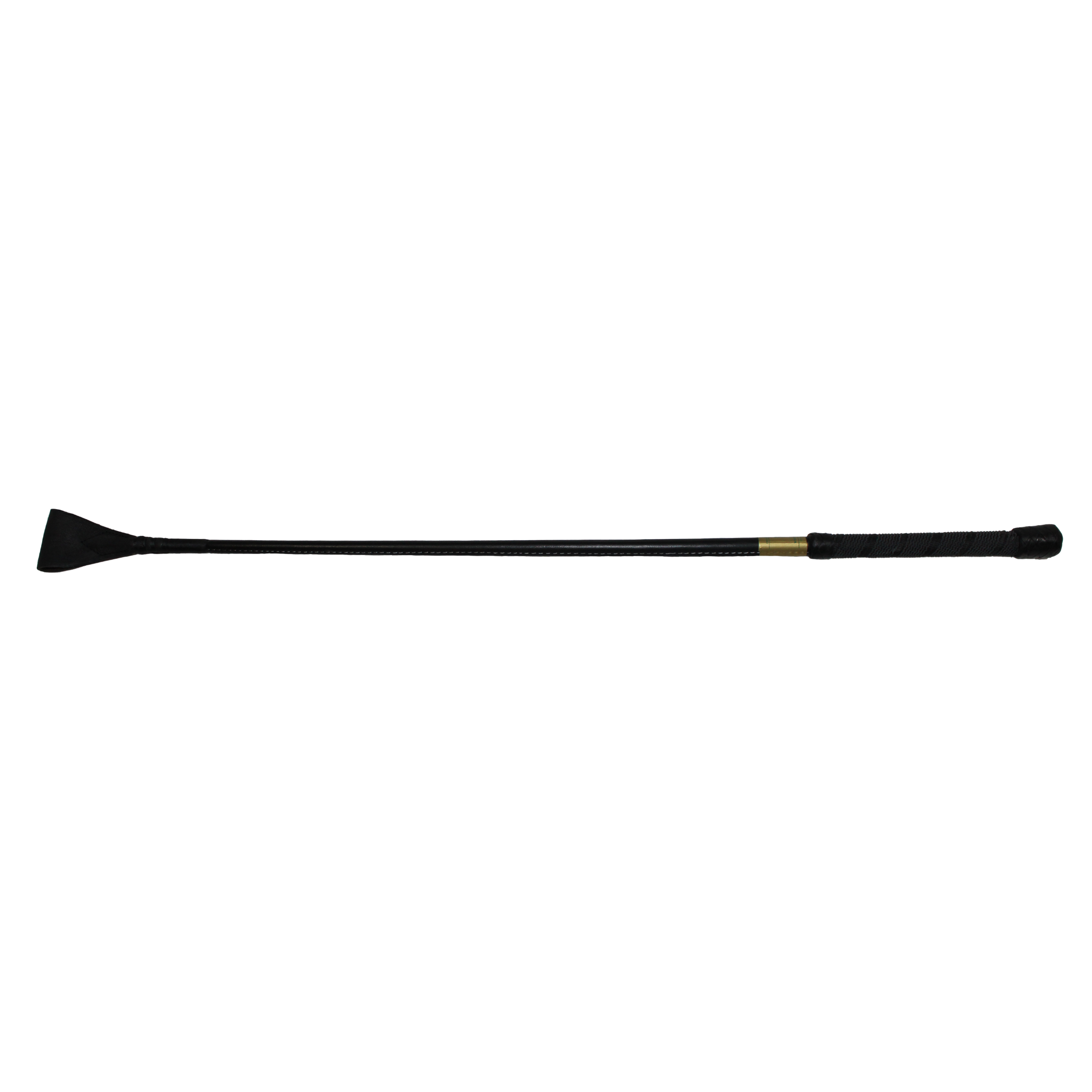 A black leather riding crop with a gold accent near the handle.