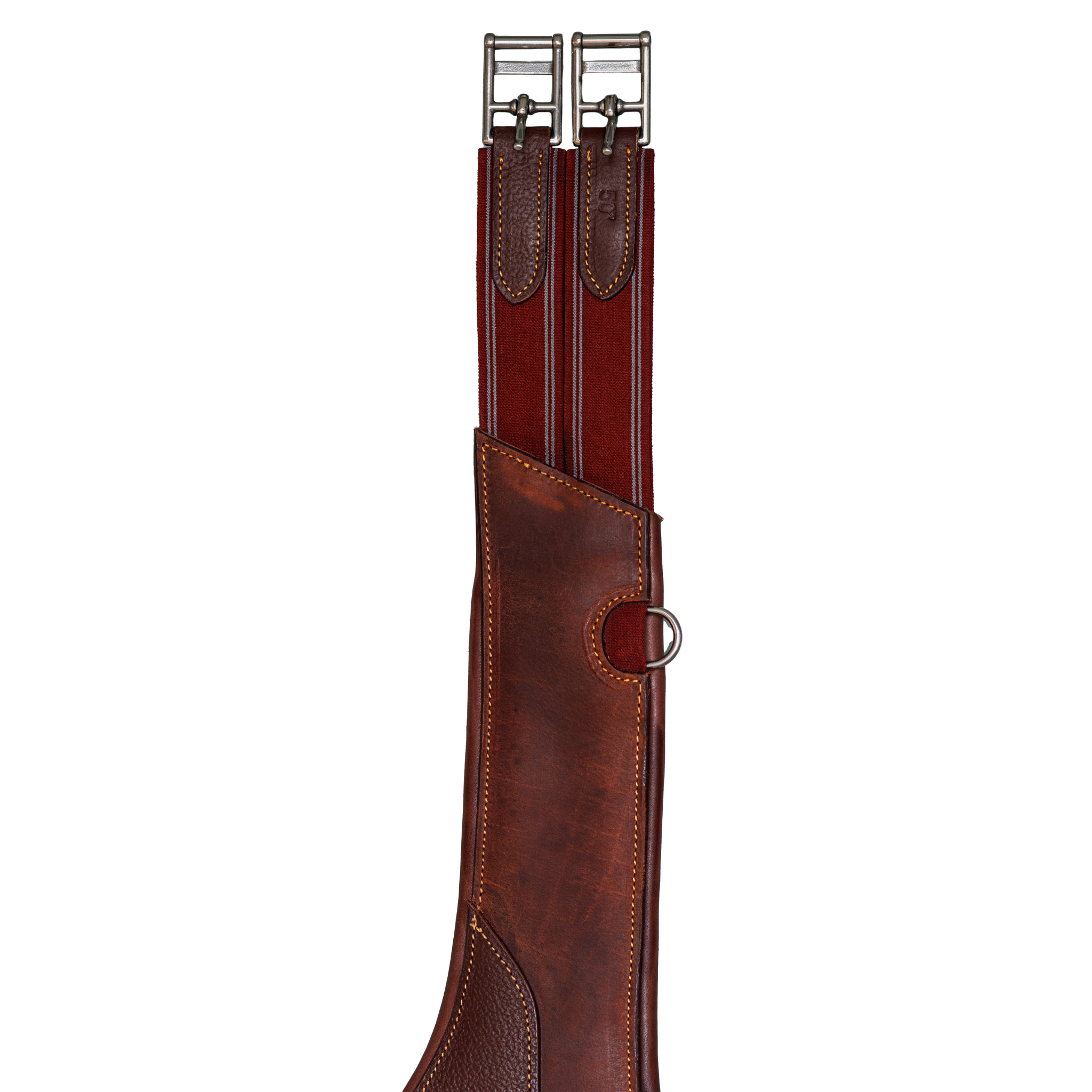 Hudson Long Anatomical Stud Girth burgundy girth elastics/buckles against a white background