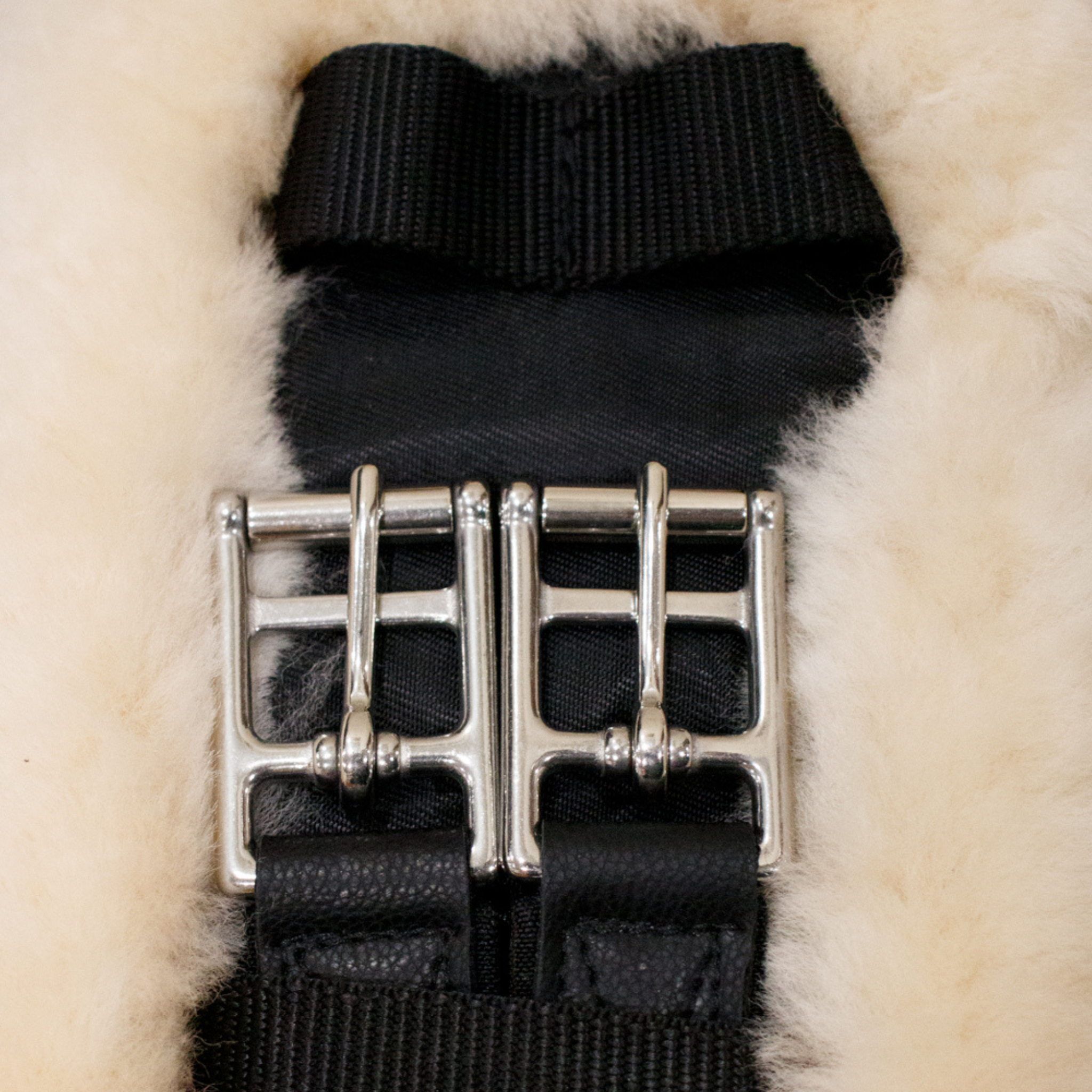 A close up photo of a black Leveza short girth with natural sheepskin lining and chrome buckles.