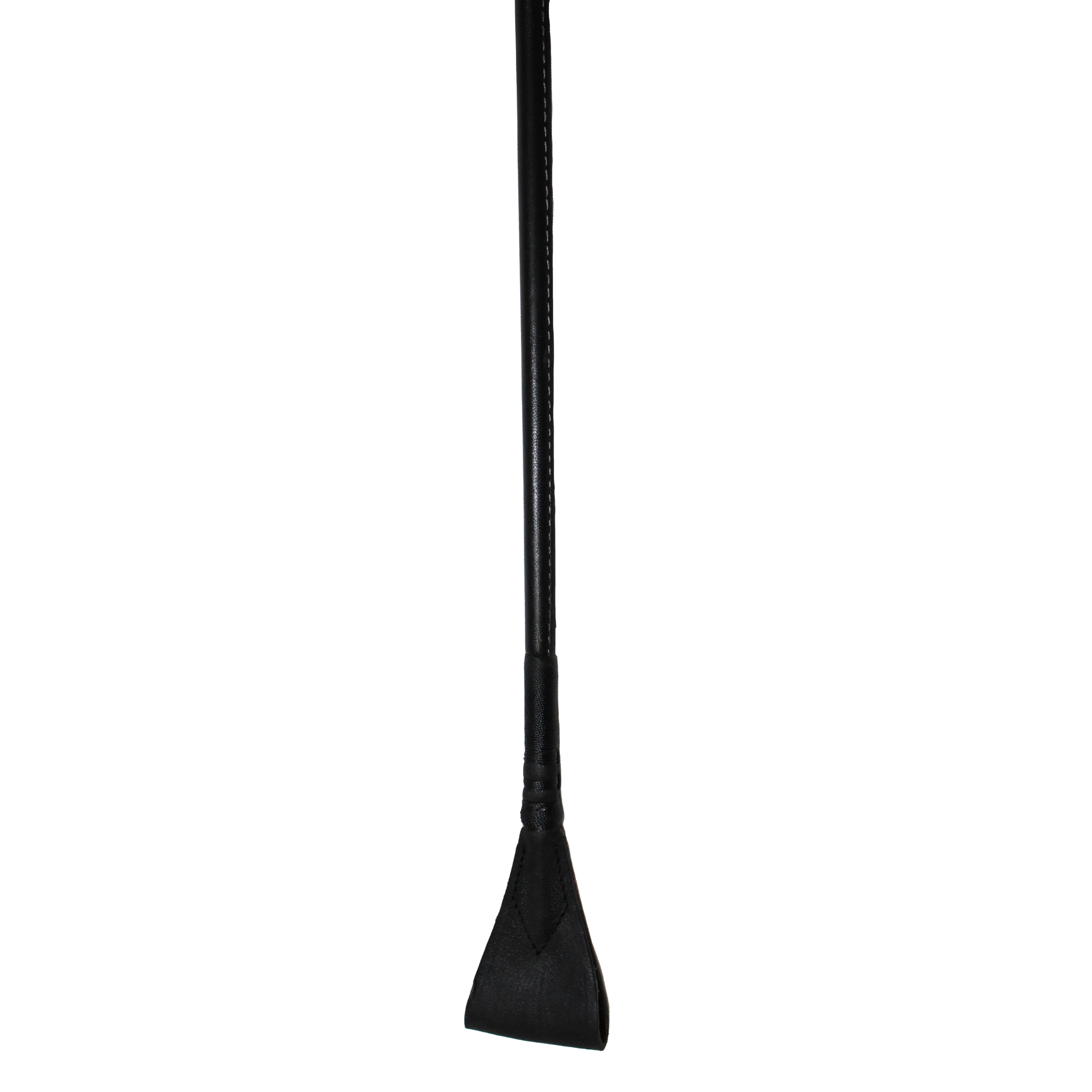 A black leather riding crop with a gold accent near the handle.