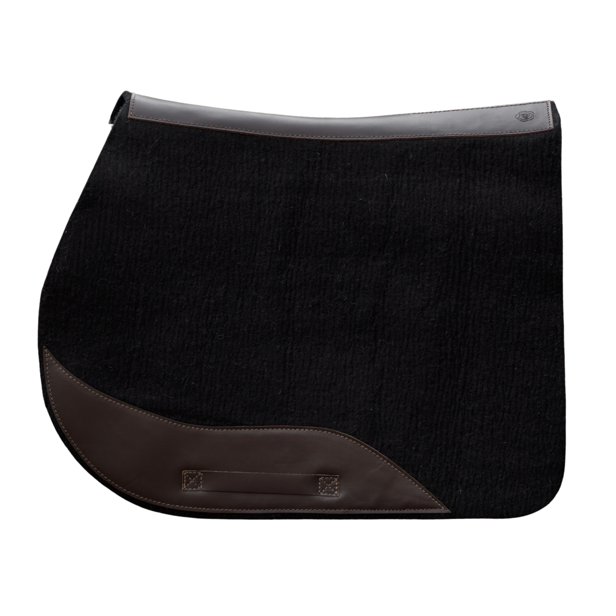 Black felt jump saddle pad with brown leather accents on a white background