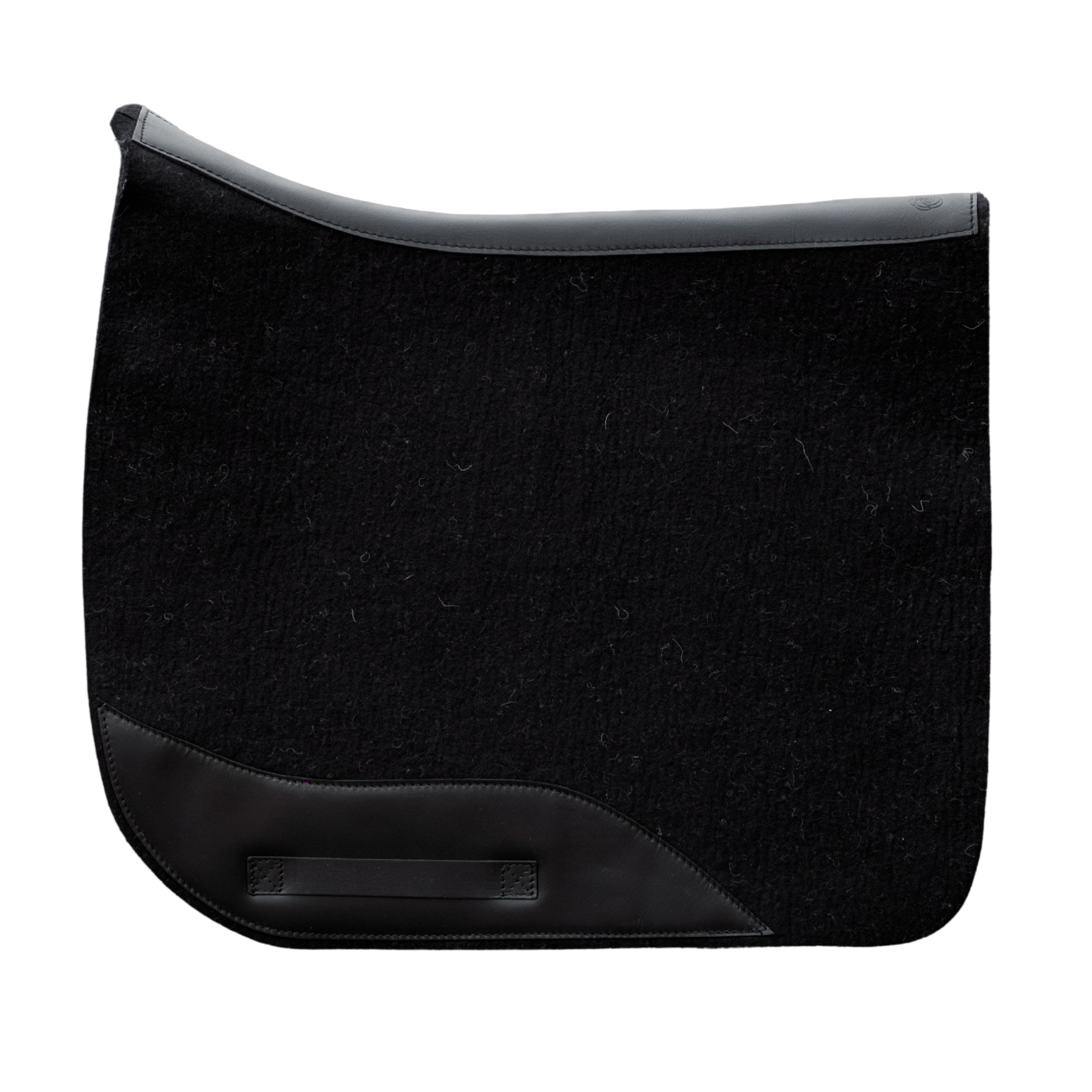 Black felt dressage saddle pad with black leather accents on a white background