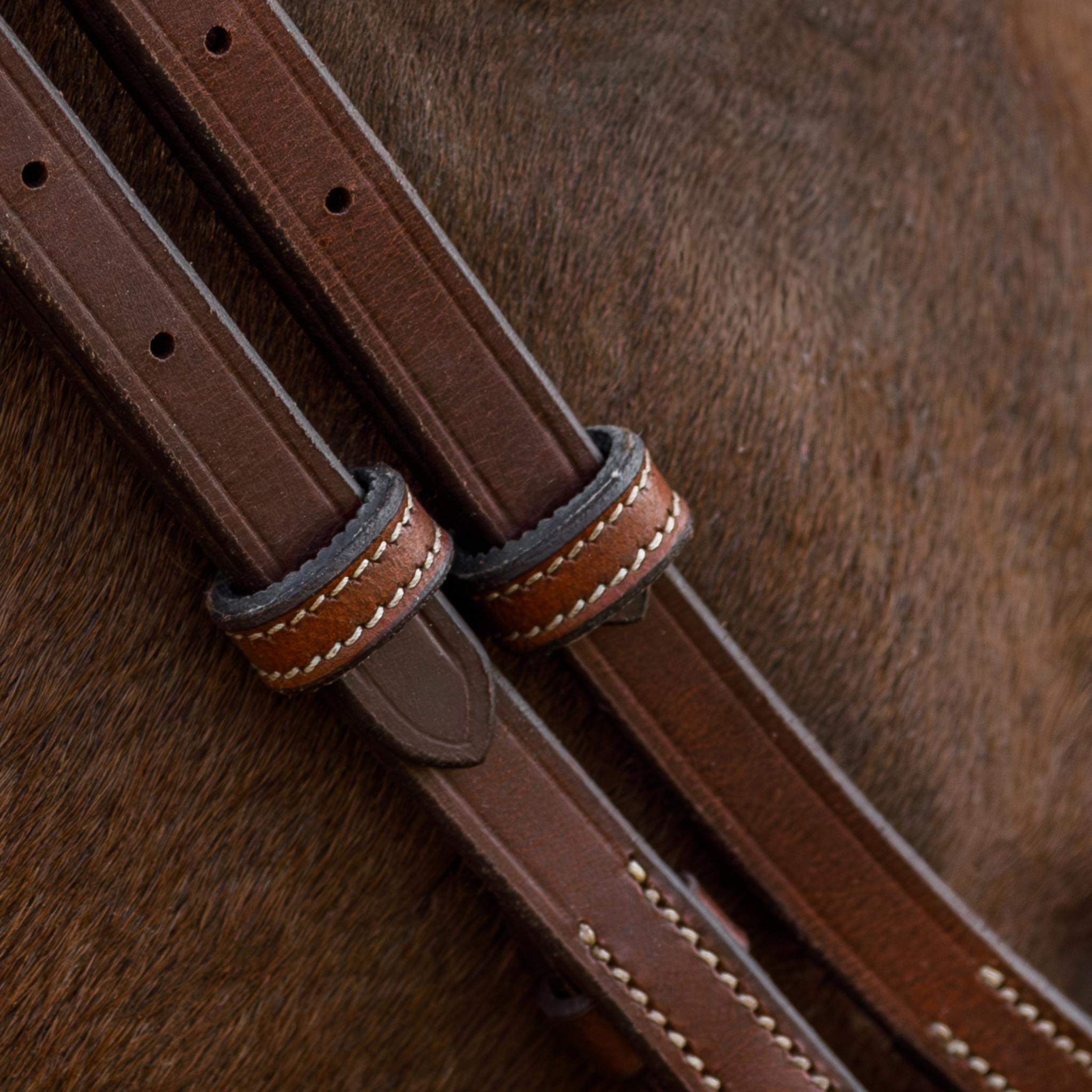 Close-up of the cheekpieces on the brown soft bridle. Photo focuses on the secondary keepers, which are lined with rubber for extra grip.