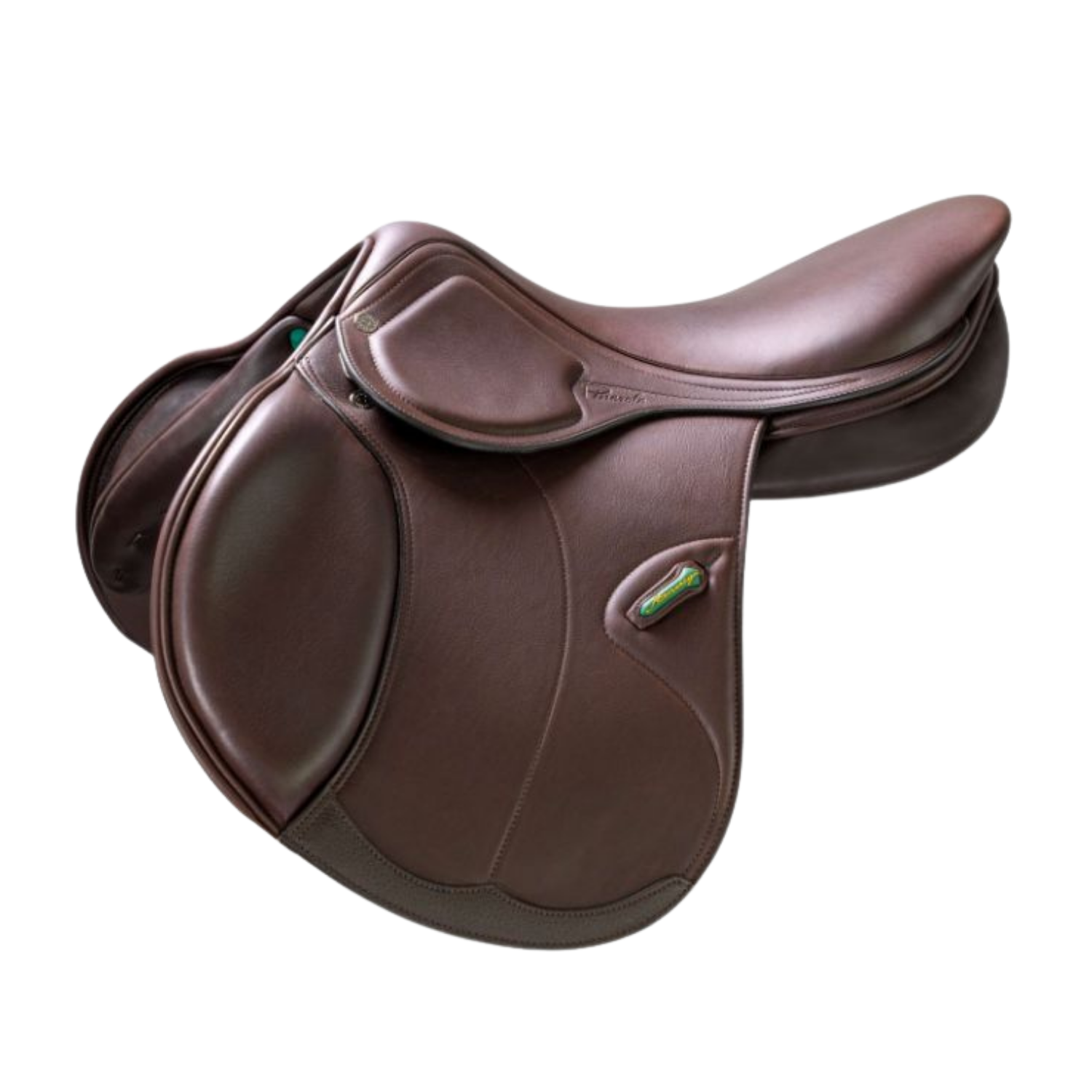 Side view of a dark brown leather Amerigo CC jump saddle with a small green stirrup keeper accent, shown on a plain white background.