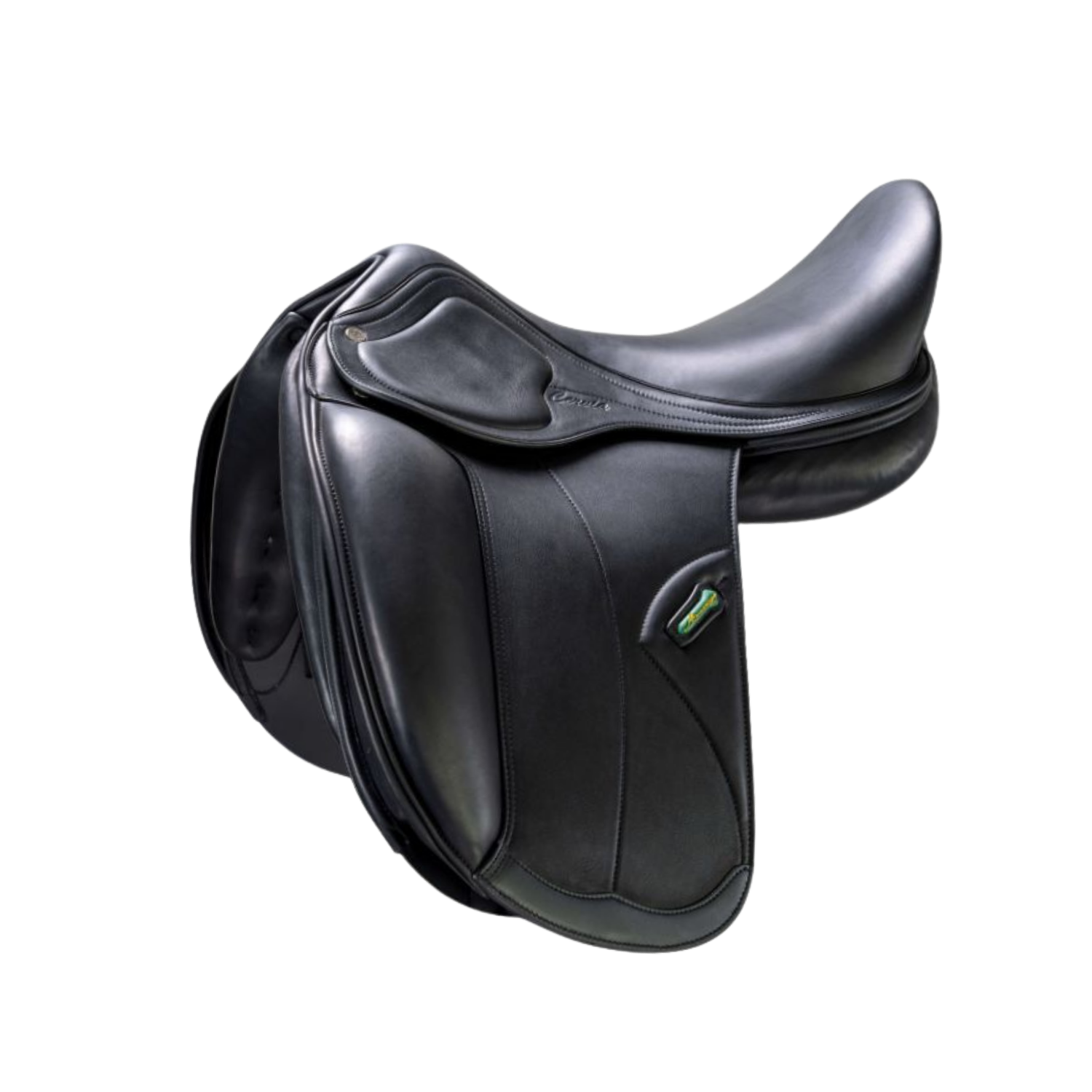 Side view of a black leather Amerigo Cervia dressage saddle with a small green stirrup keeper accent, shown on a plain white background.