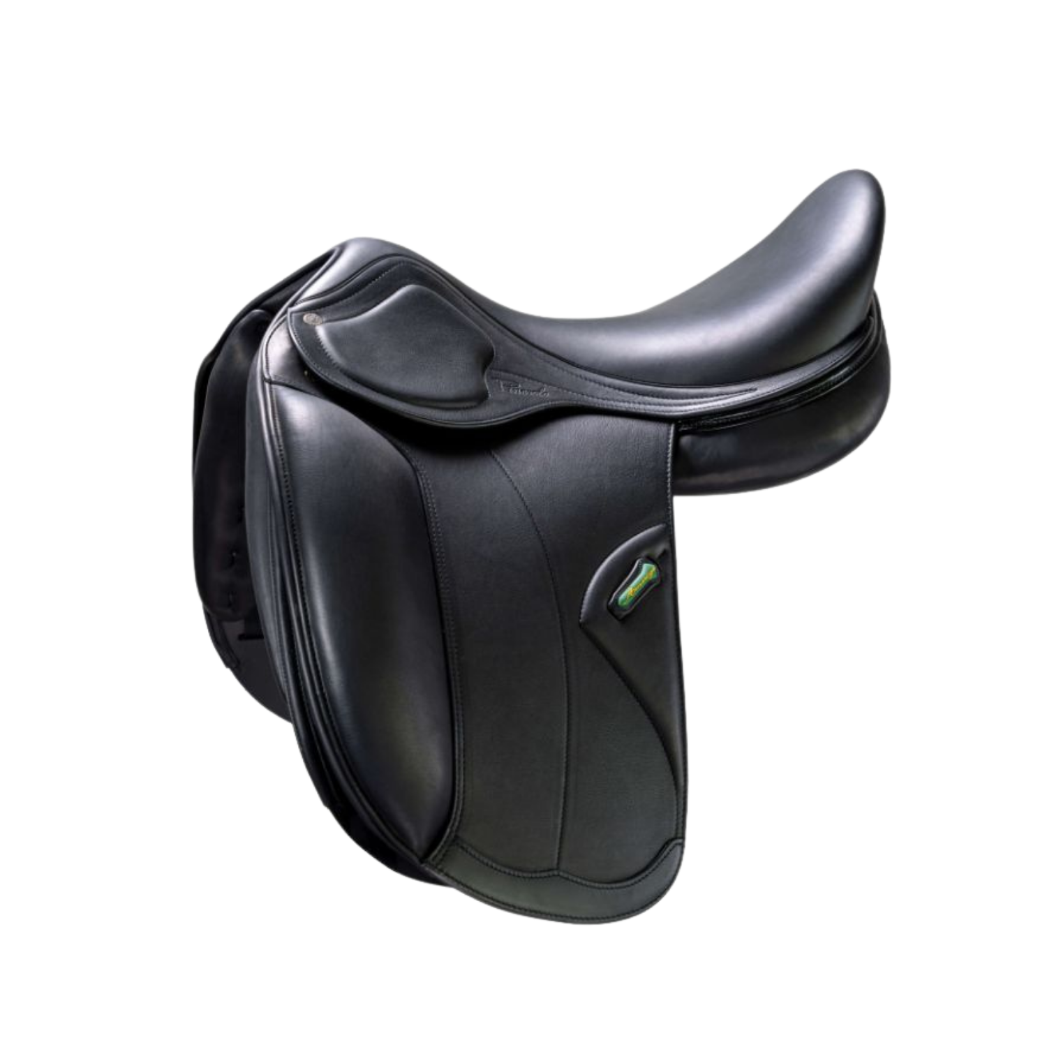 Side view of a black leather Amerigo Classic dressage saddle with a small green stirrup keeper accent, shown on a plain white background.