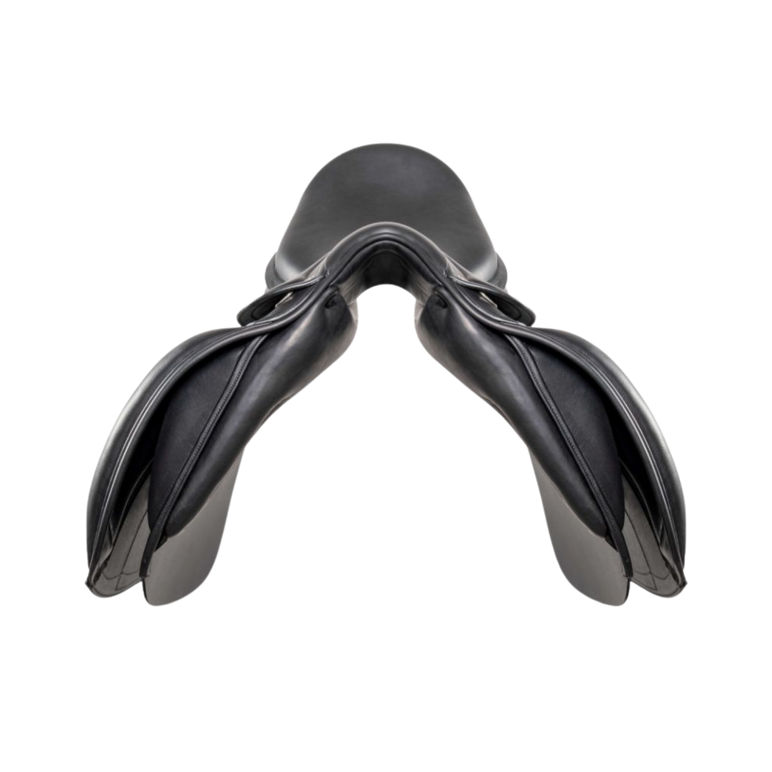 Side view of a black leather Amerigo Classic dressage saddle.