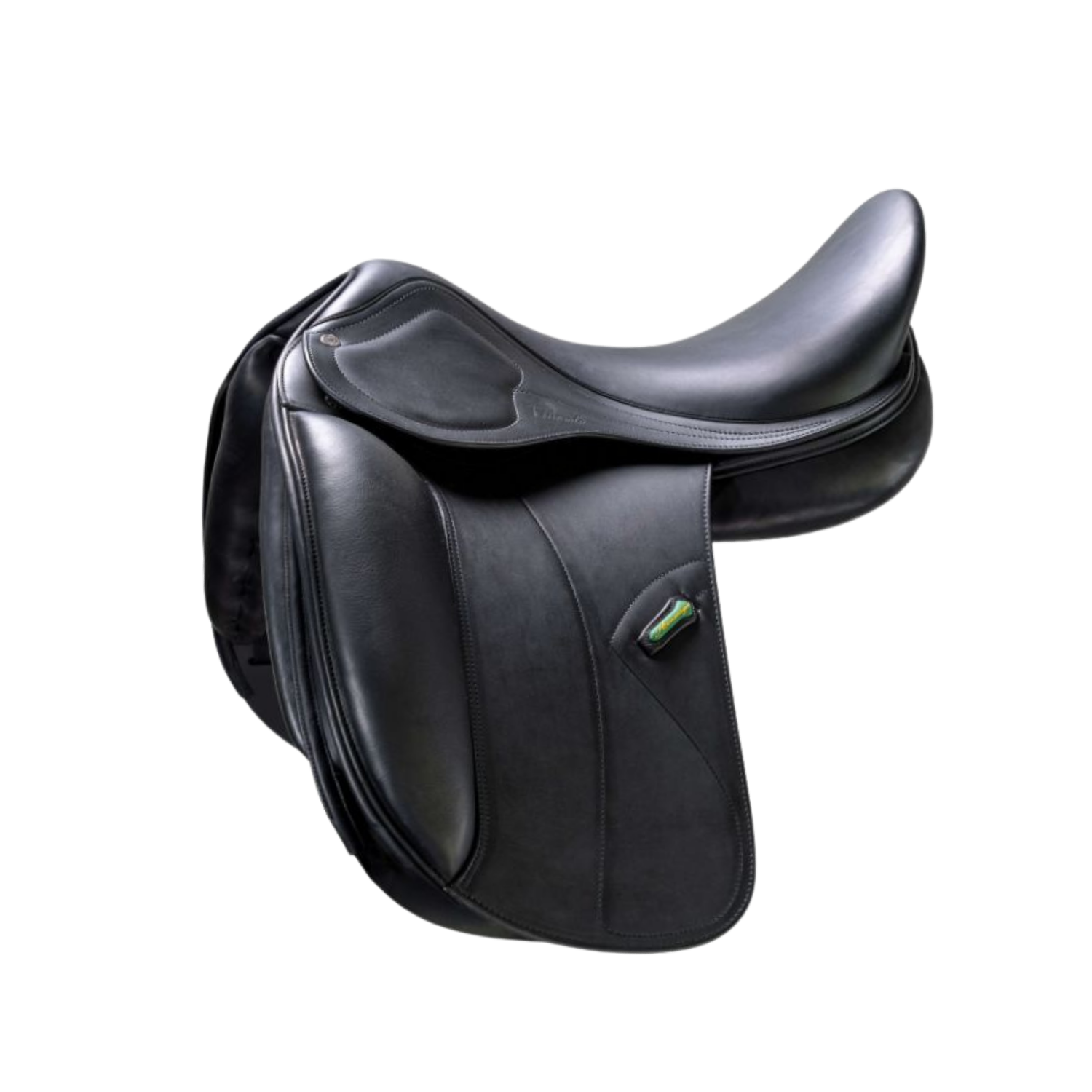 Side view of a black leather Amerigo Cortina dressage saddle with a small green stirrup keeper accent, shown on a plain white background.