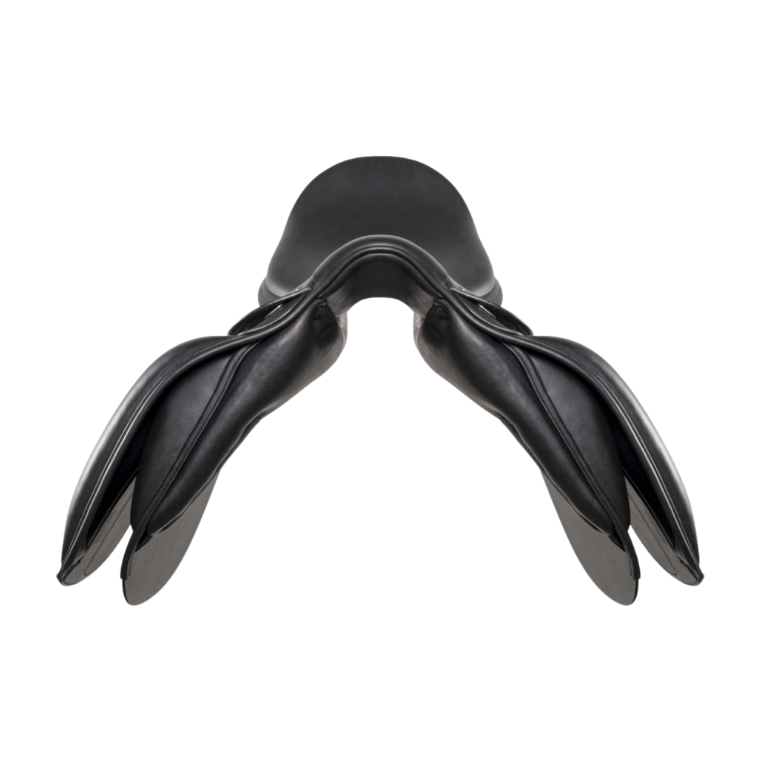 Side view of a black leather Amerigo Cortina dressage saddle with a small green stirrup keeper accent, shown on a plain white background.