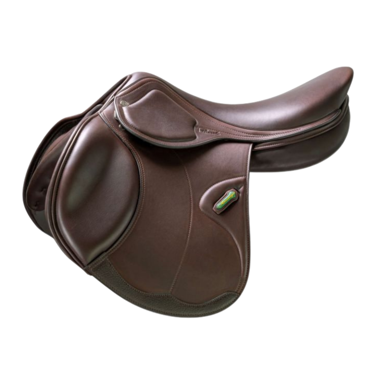 Side view of a dark brown leather Amerigo DJ jump saddle with a small green stirrup keeper accent, shown on a plain white background.