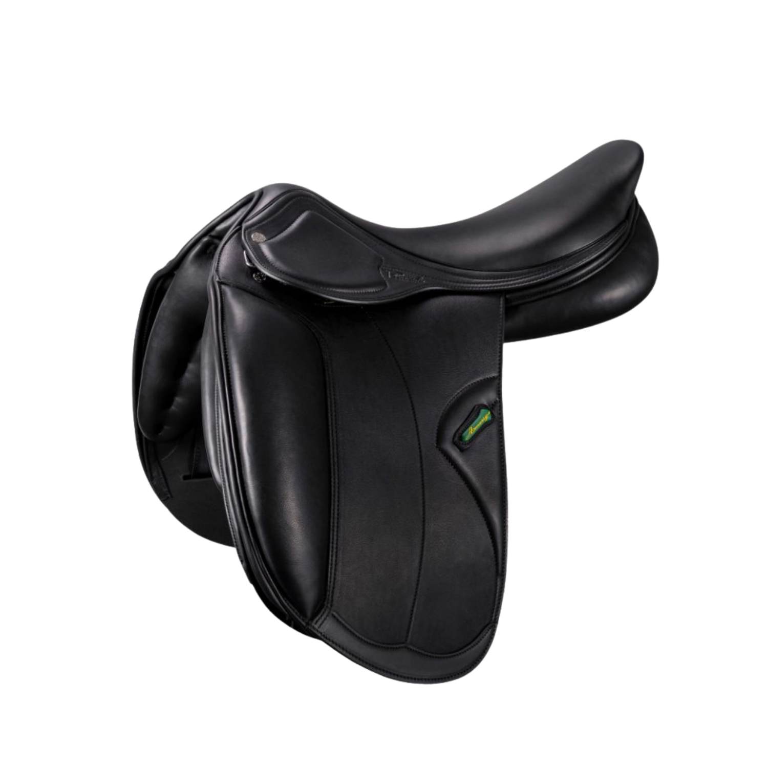 Side view of a black leather Amerigo DJ dressage saddle with a small green stirrup keeper accent, shown on a plain white background.