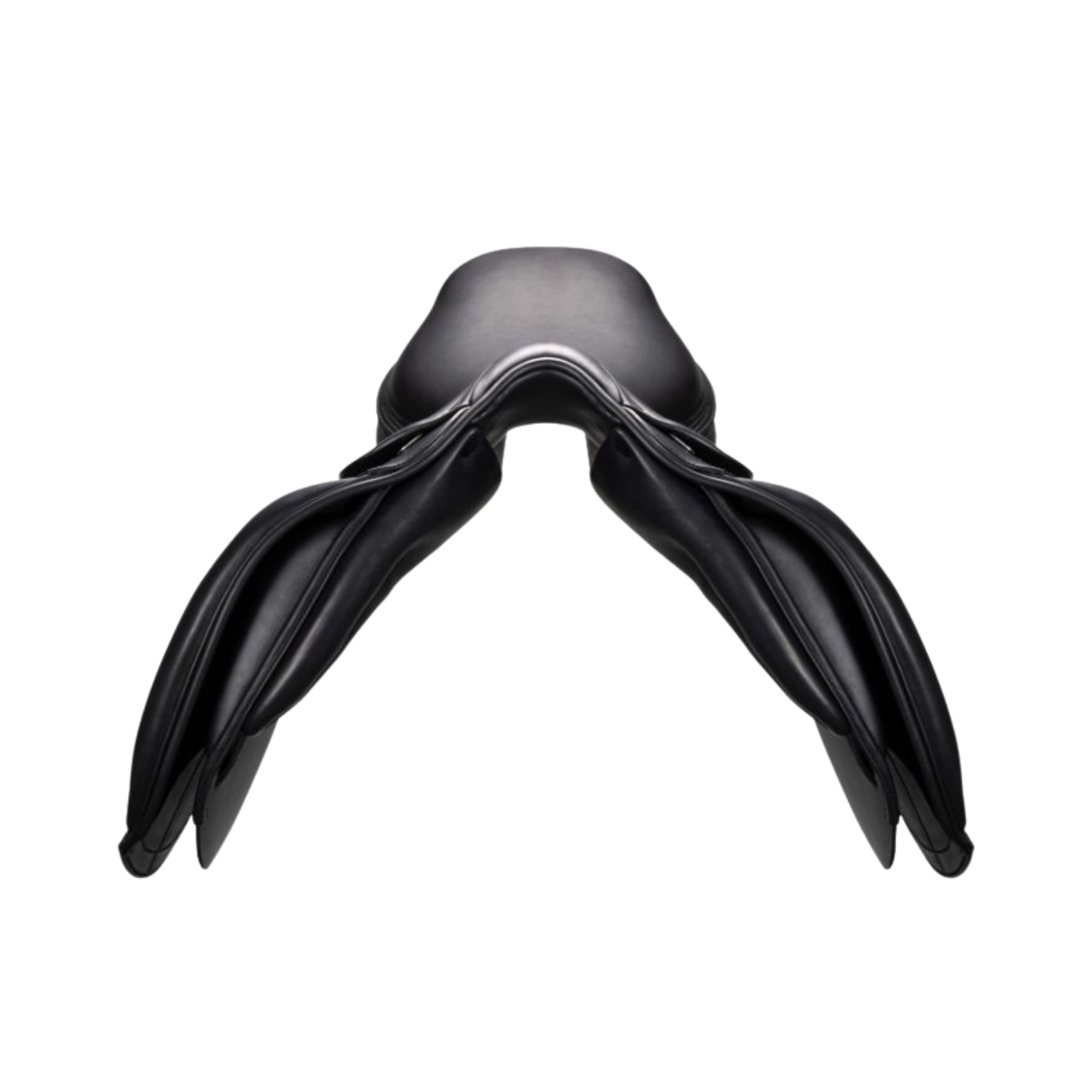 Front view of a black leather Amerigo DJ dressage saddle.