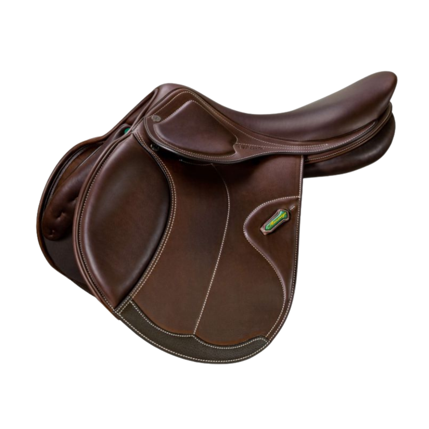 Side view of a dark brown leather Amerigo Farouche jump saddle with a small green stirrup keeper accent, shown on a plain white background.