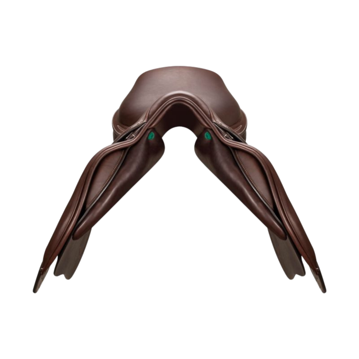 Front view of a dark brown leather Amerigo Farouche jump saddle.