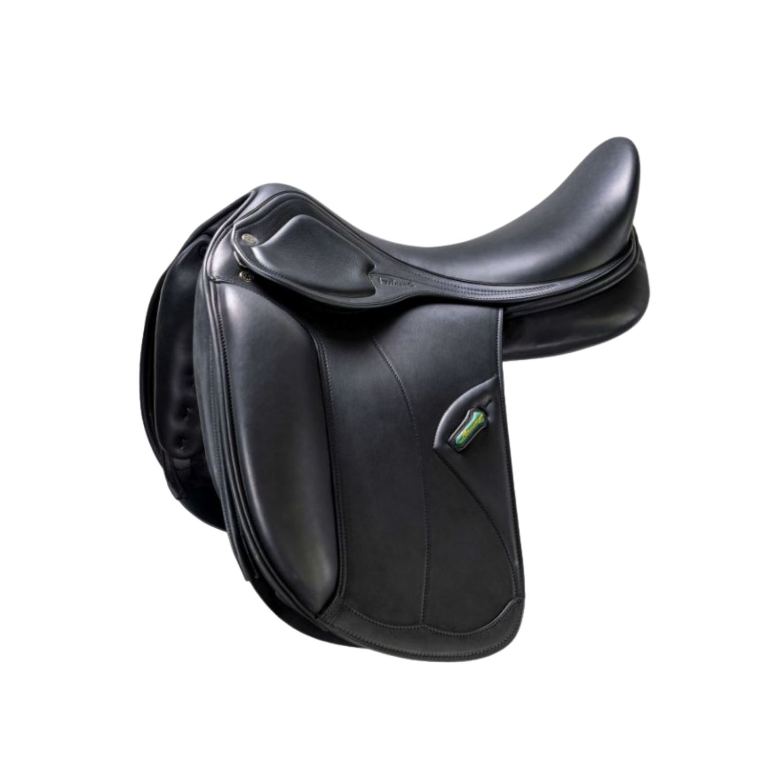 Side view of a black leather Amerigo HC dressage saddle with a small green stirrup keeper accent, shown on a plain white background.