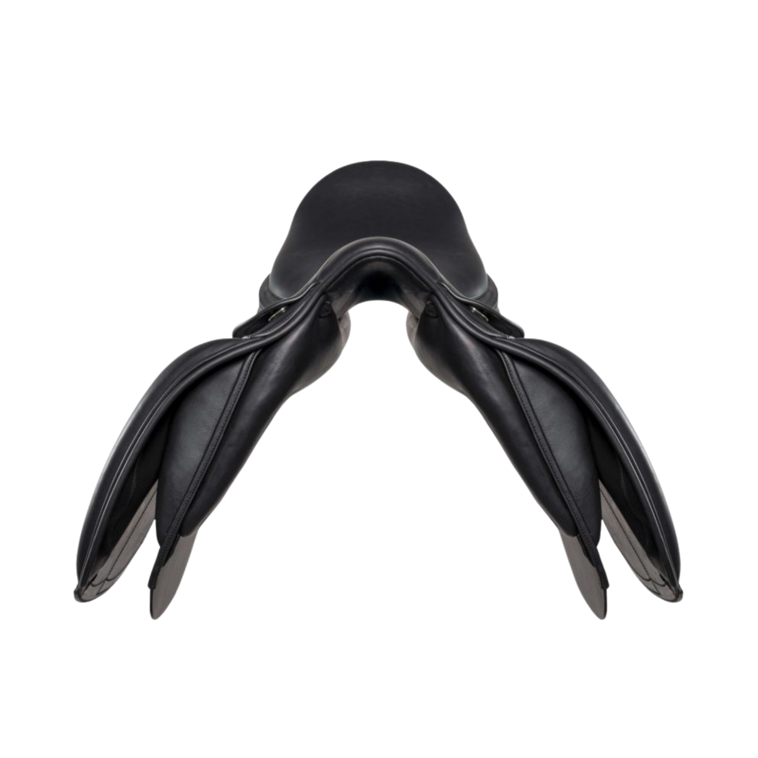 Front view of a black leather Amerigo HC dressage saddle.