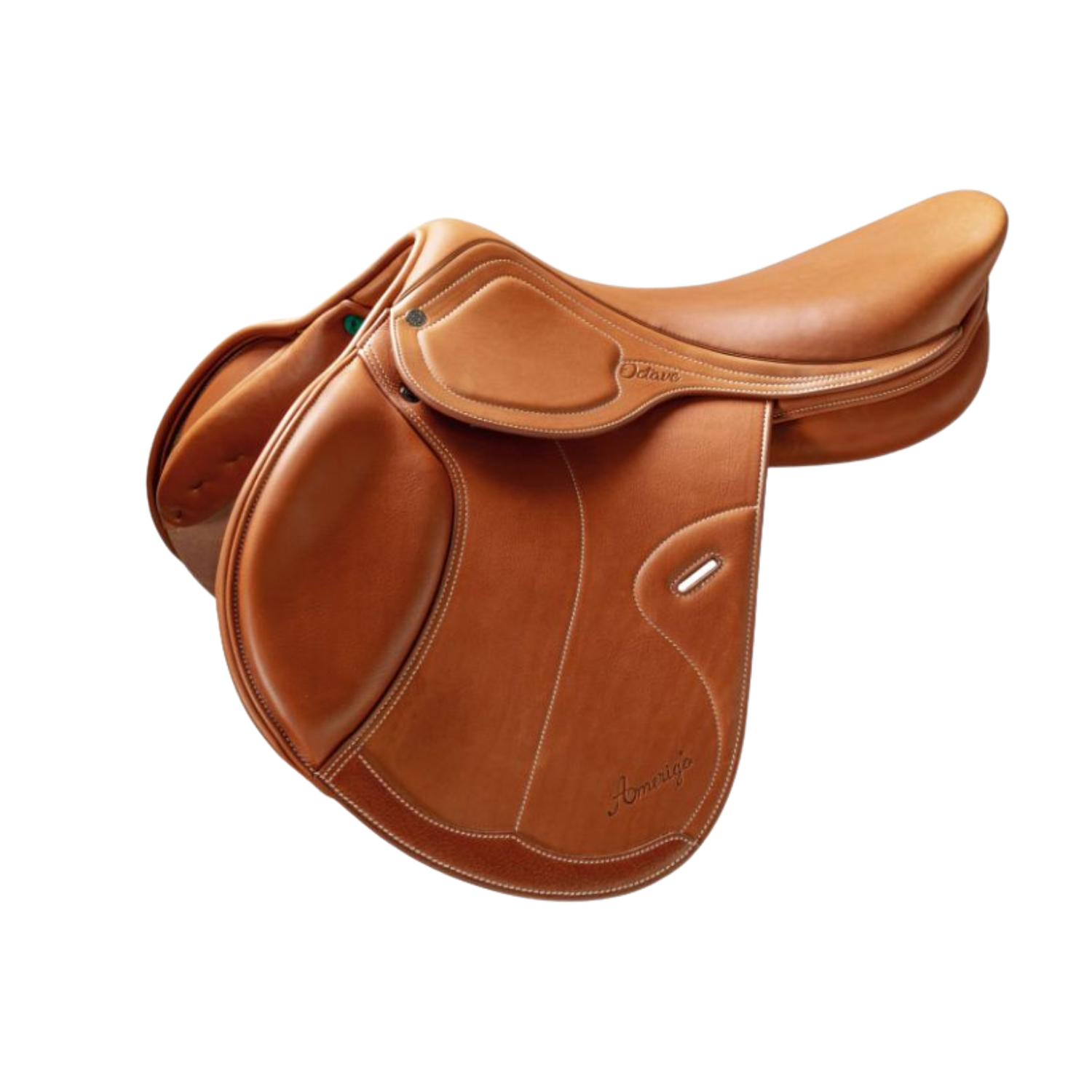 Side view of a tan leather Amerigo Octave S jump saddle with a small green stirrup keeper accent, shown on a plain white background.