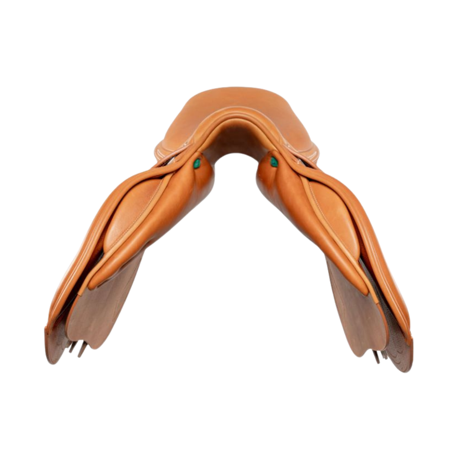 Front view of a tan leather Amerigo Octave S jump saddle