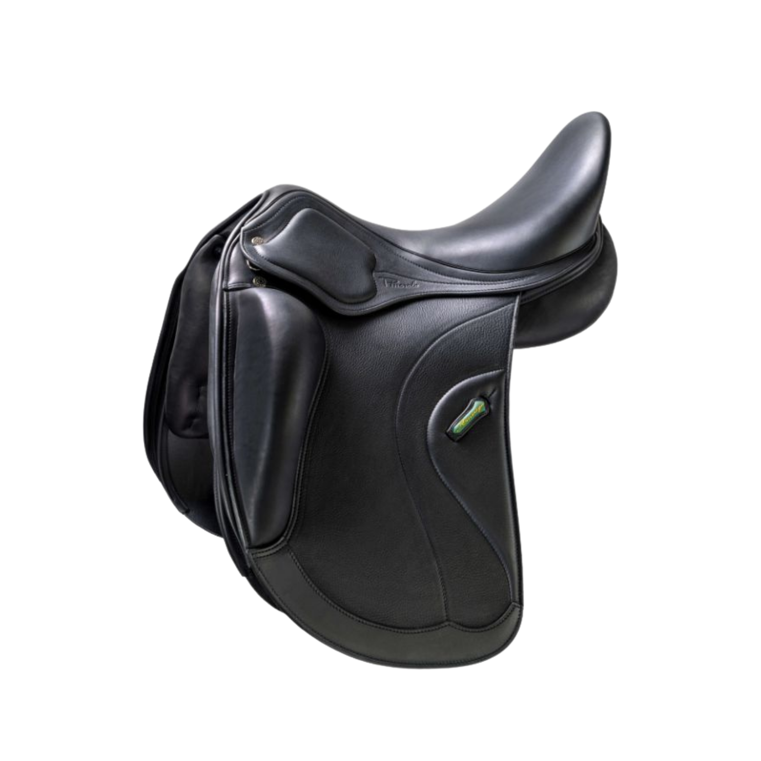 Side view of a black leather Amerigo Selva dressage saddle with a small green stirrup keeper accent, shown on a plain white background.