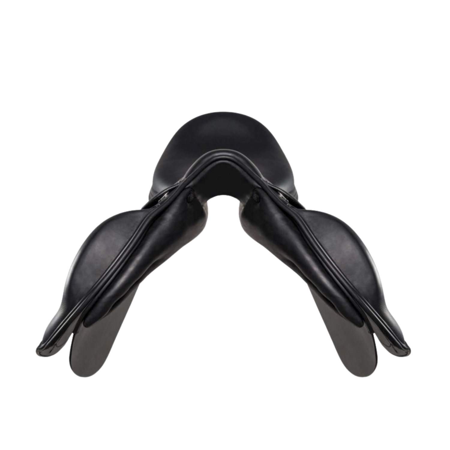 Front view of a black leather Amerigo Cervia dressage saddle.
