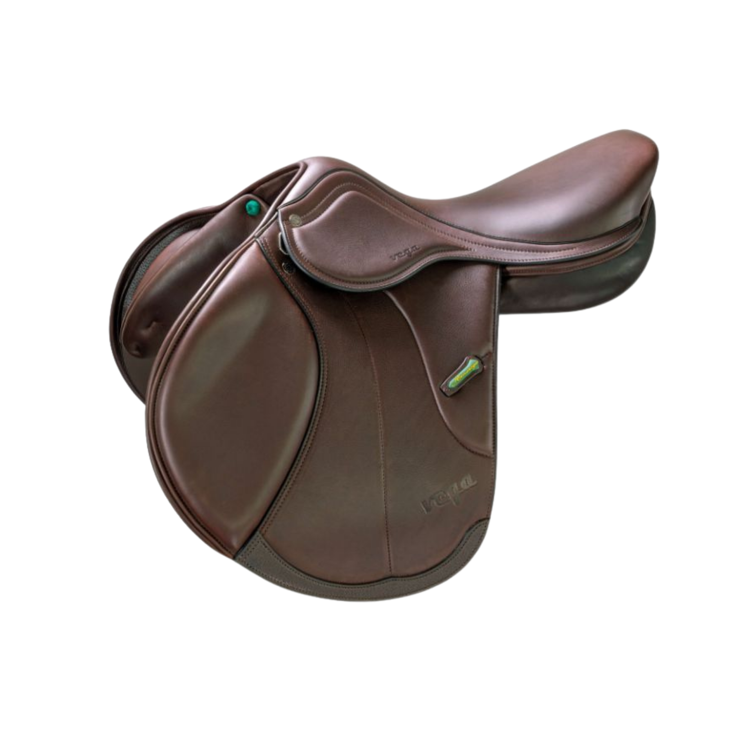Side view of a dark brown leather Amerigo Vega jump saddle with a small green stirrup keeper accent, shown on a plain white background.