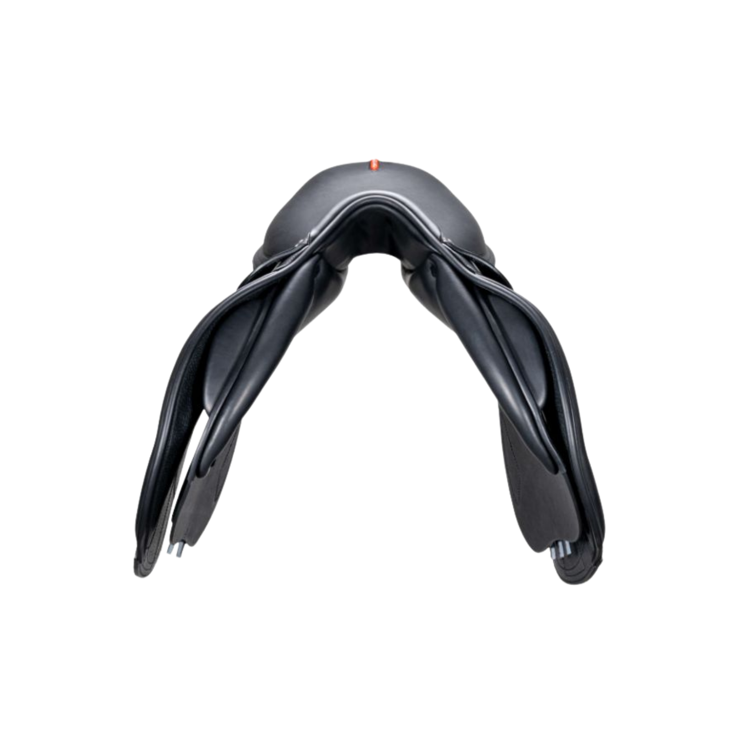 Front view of a black leather Equipe EK Allegra jump saddle.