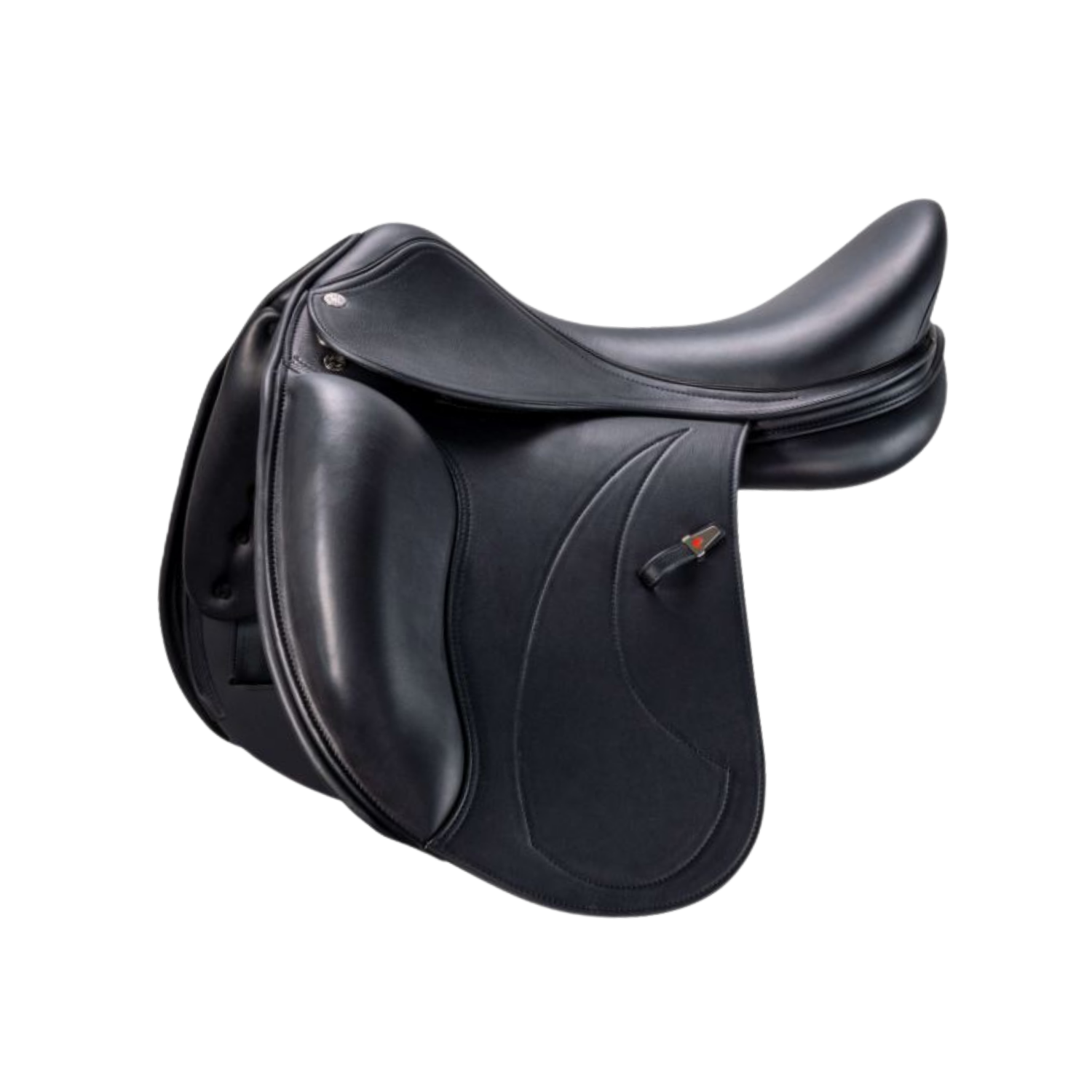 Side view of a black leather Equipe Elegance dressage saddle with a small sliver and red stirrup keeper accent, shown on a plain white background.