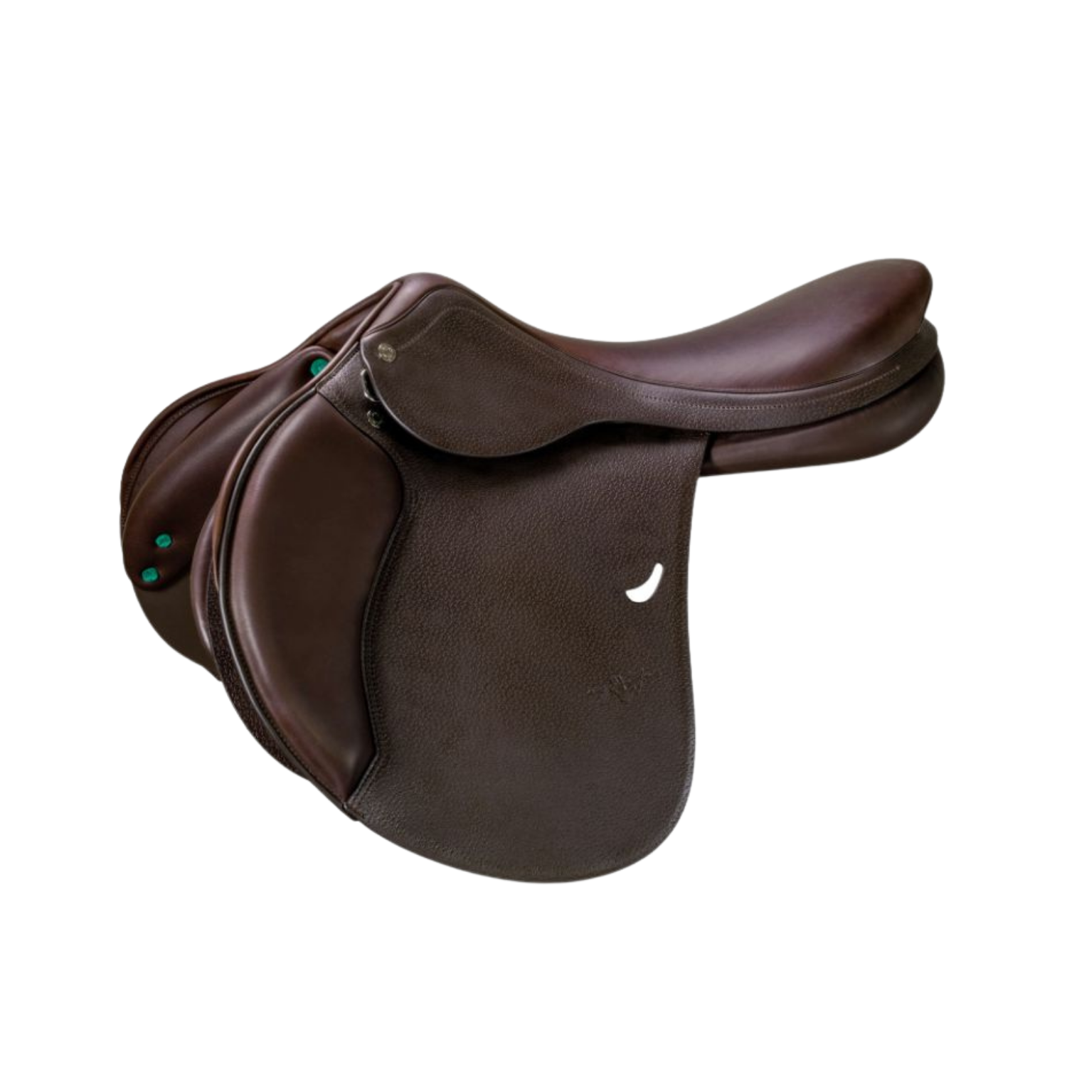 Side view of a brown leather Equipe Emporio jump saddle, shown on a plain white background.
