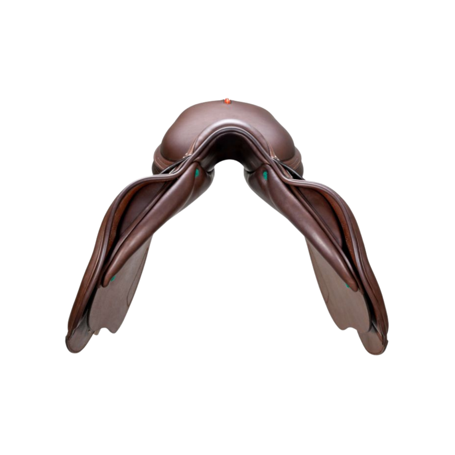 Front view of a brown leather Equipe Grand Prix jump saddle.