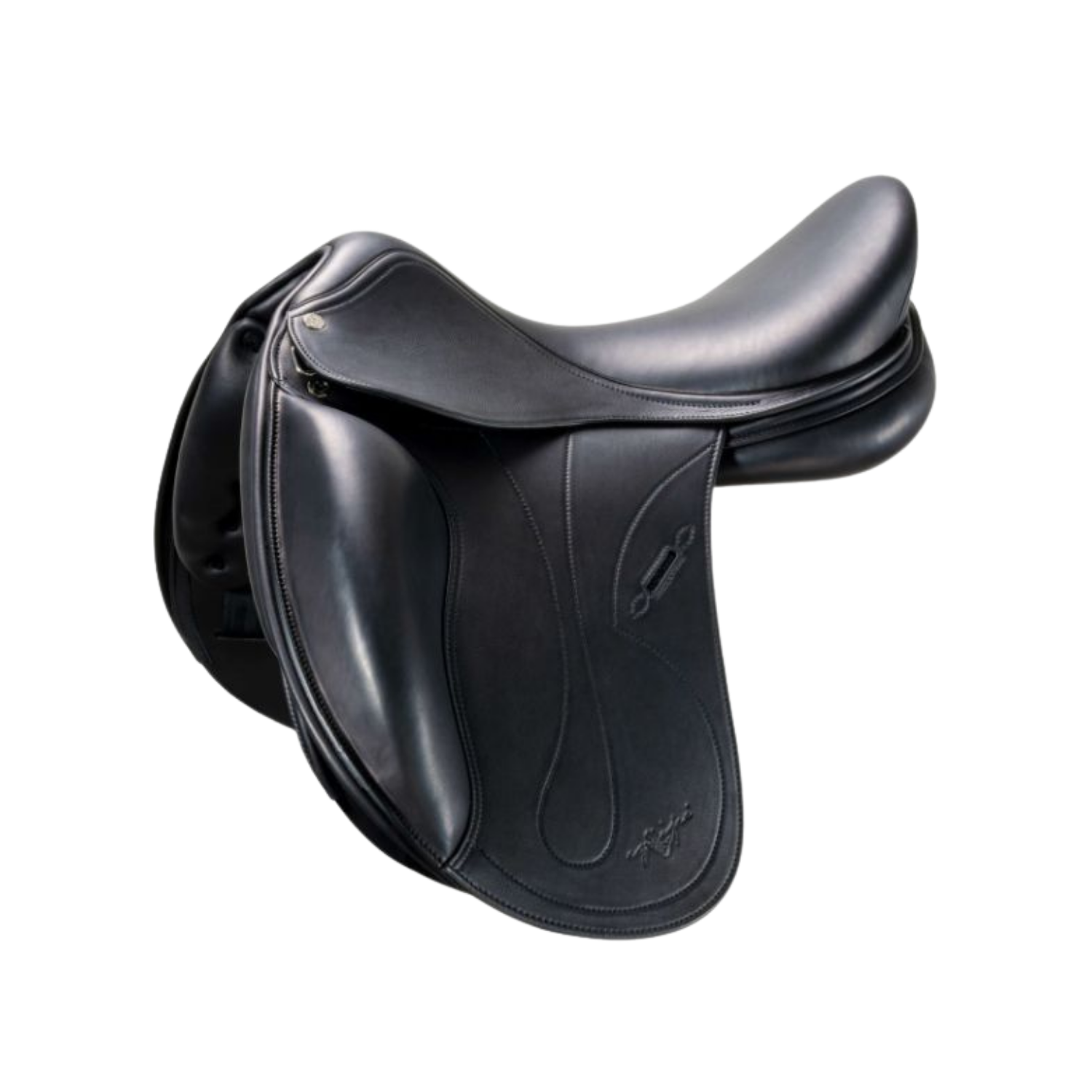 Side view of a black leather Equipe Oracle dressage saddle with a decorative stitched flaps, shown on a plain white background.