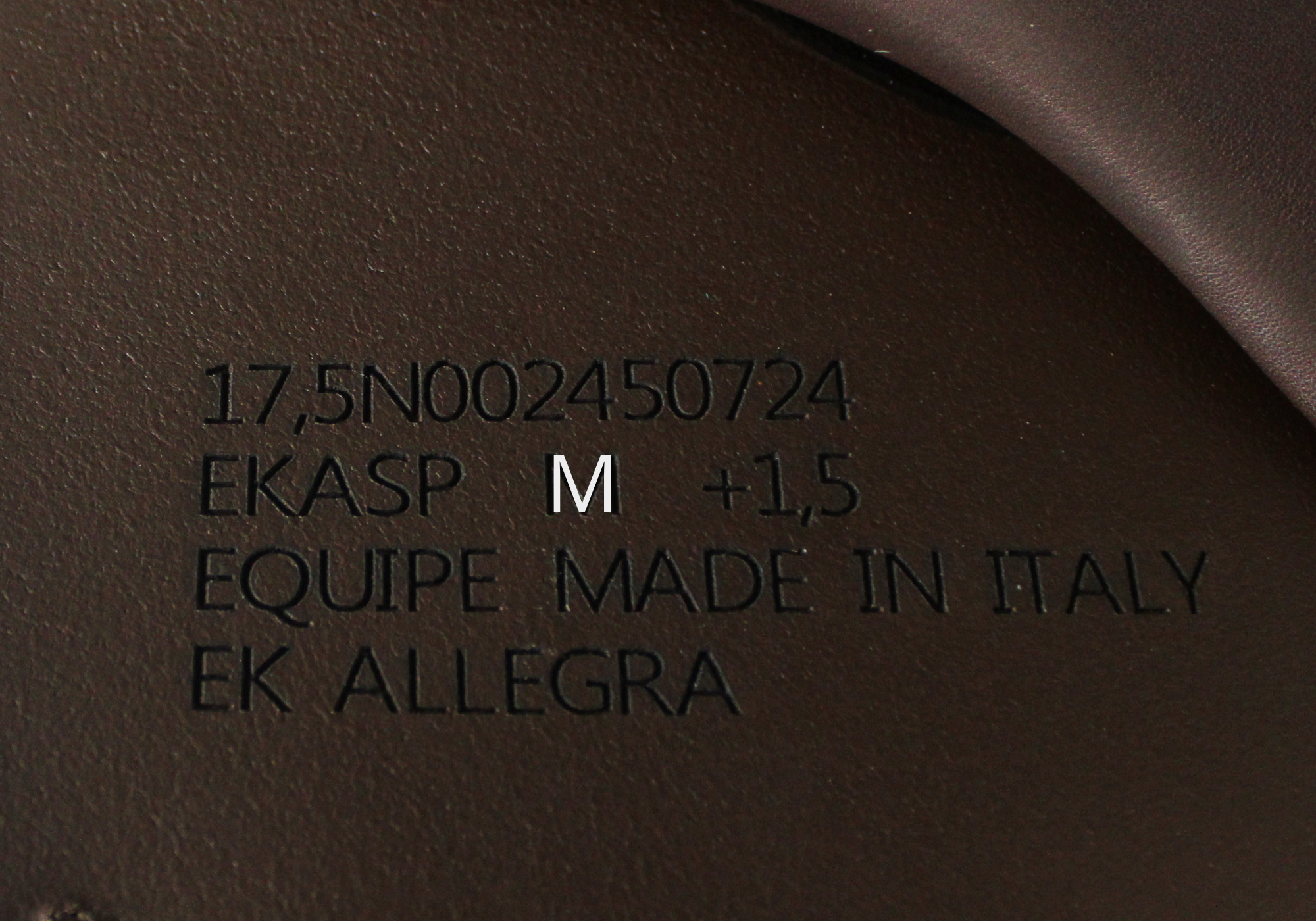 Close up of Equipe Stamp with "M" highlighted in white text.