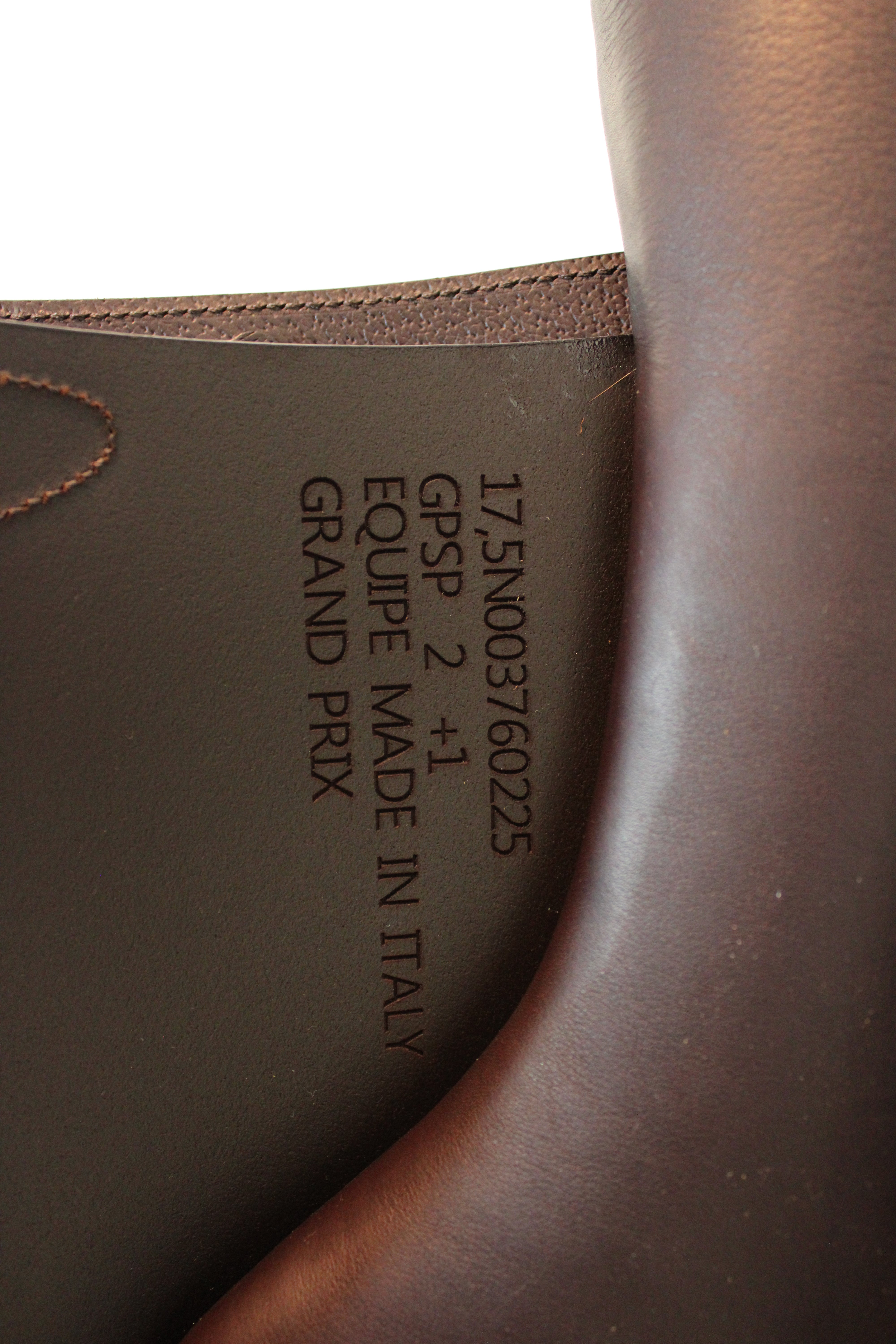 Close up of the saddle stamp:
"17,5N003760225
GPSP 2 +1
EQUIPE MADE IN ITALY
GRAND PRIX"