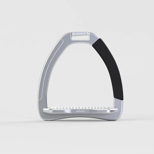 A silver Ophena safety stirrup with a removable, black rubber outer branch, displayed against a white background.