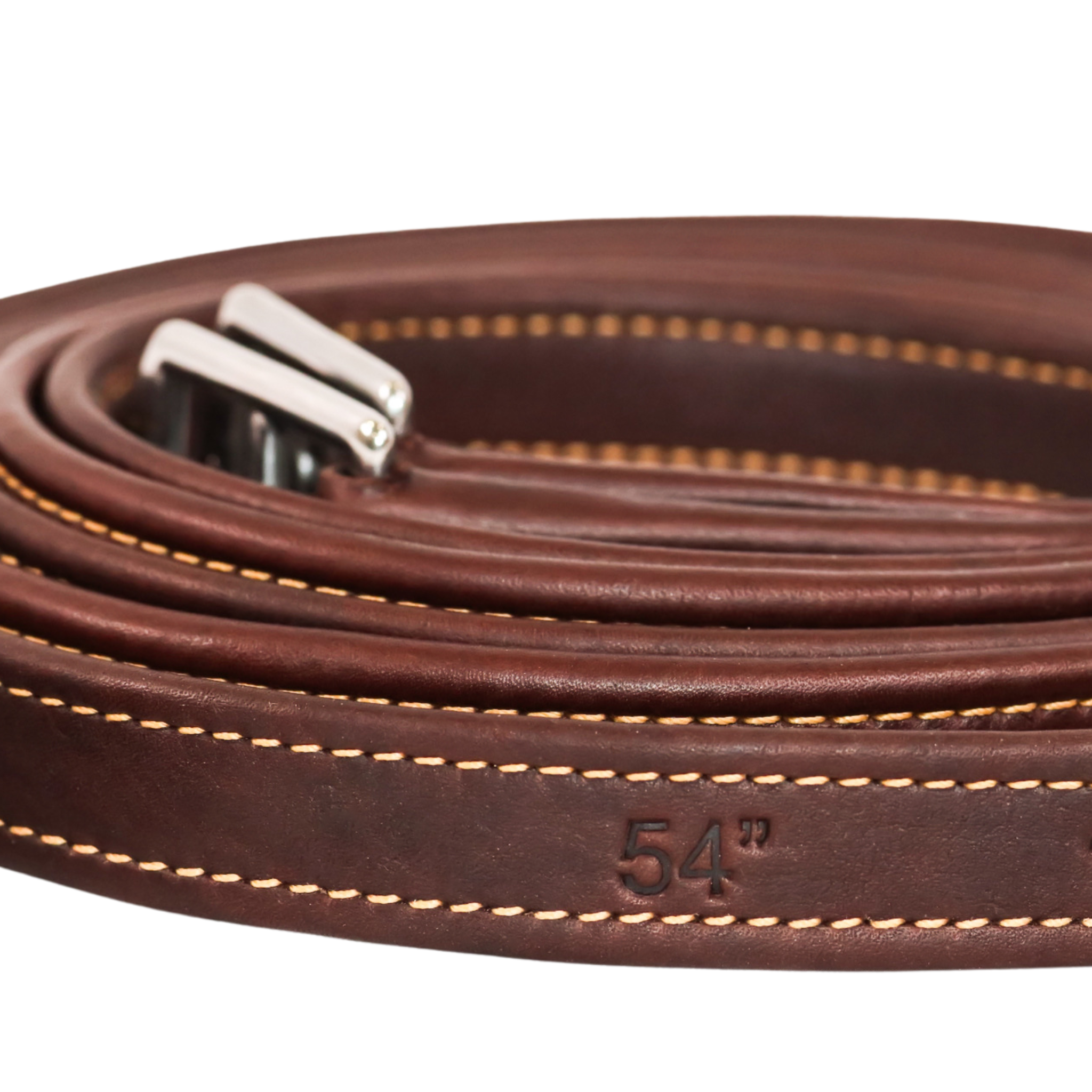 Brown Yoho rolled stirrup leathers with chrome buckles and a "54" size stamp against a white background