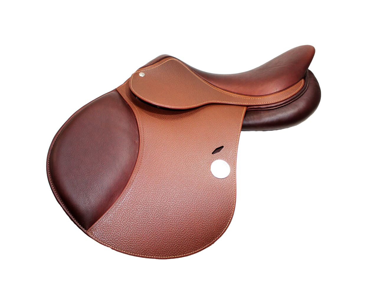 Left side profile view of a Meyer Act 2 jump saddle in brown grain calf leather, with a hunter brown Meyer logo.