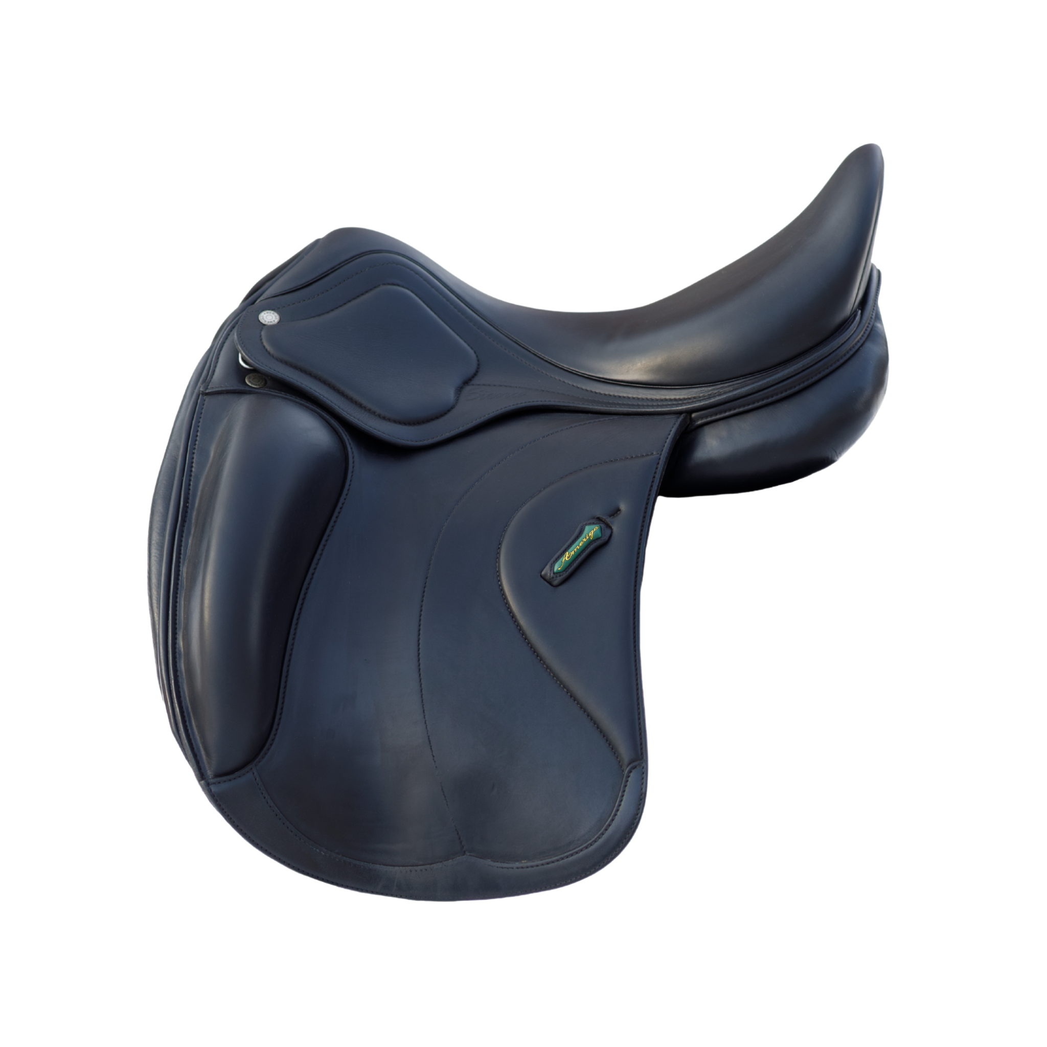 Left side profile view of an Amerigo Classic monoflap dressage saddle in black Pinerolo leather with a green and yellow Amerigo logo loop and external Sienna block, against a white background