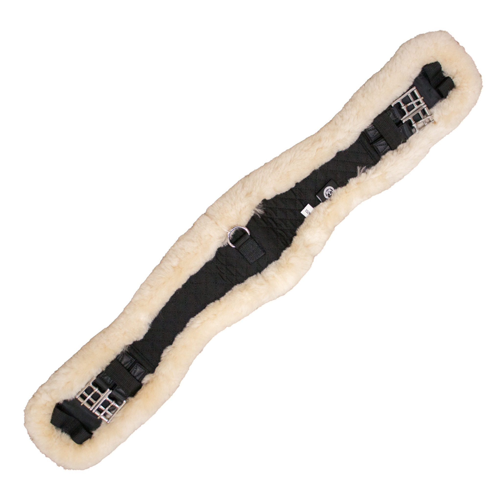 A black Leveza short girth with natural sheepskin lining and chrome buckles designed for horses with sensitive skin.